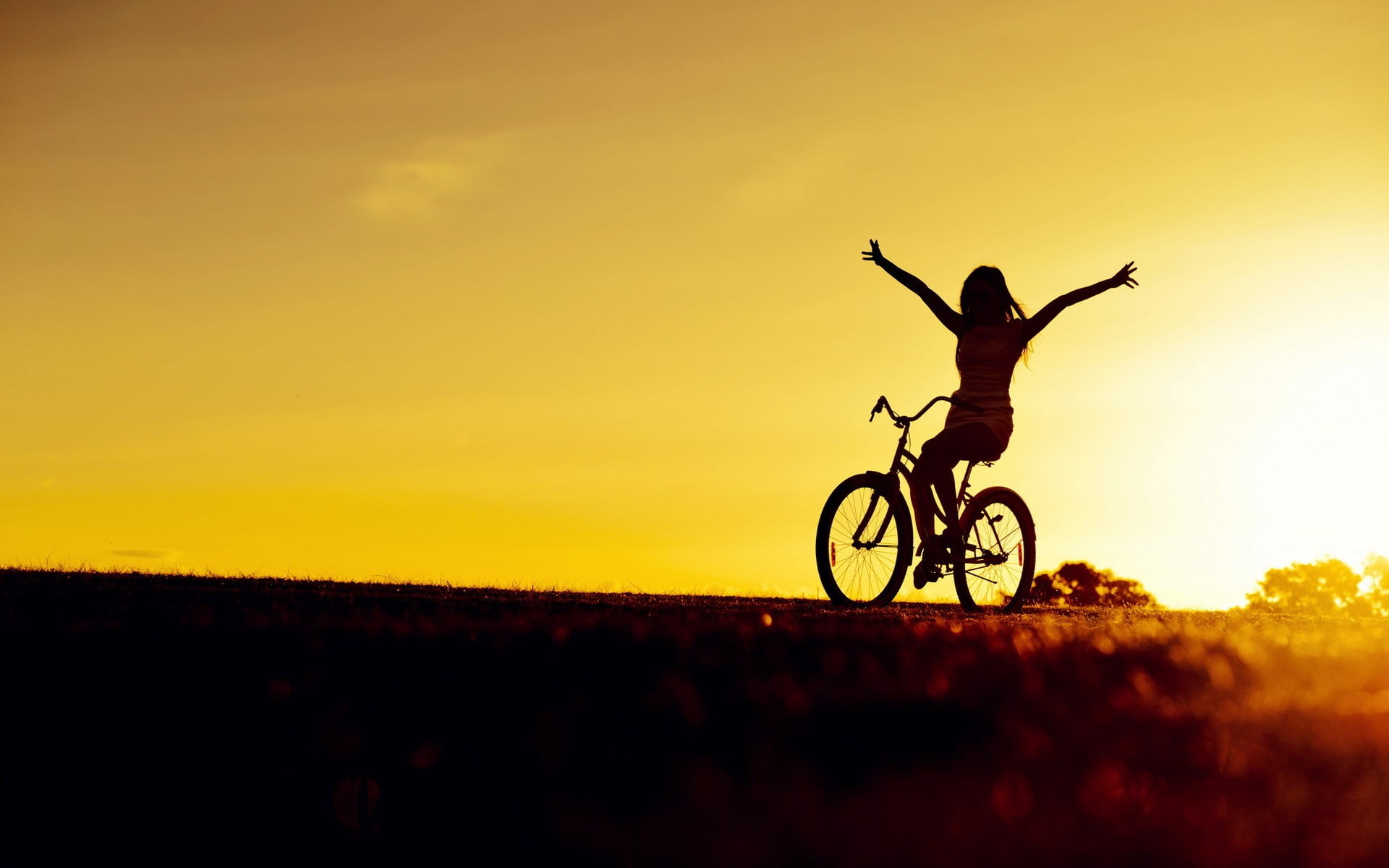 orange color, nature, silhouette, sunset, 1080P, emotion, one person, arms outstretched, beauty in nature, land vehicle, human arm, transportation, sky, HD Wallpaper