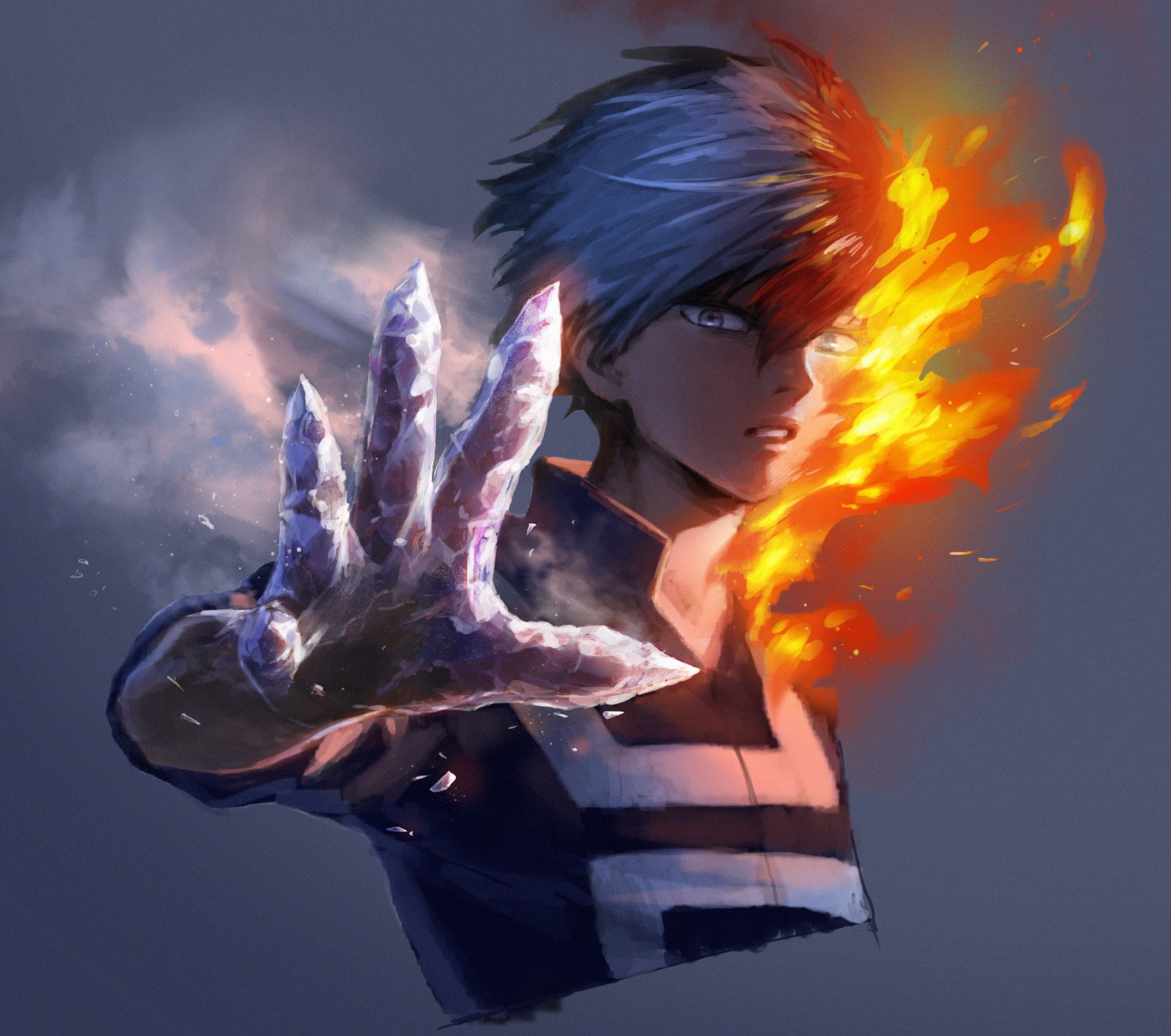 heat - temperature, Blue Eyes, one person, frozen, shirt, Fire, water, character, face, outdoors, young adult, sky, boy, School Uniform, burning, adult, HD Wallpaper