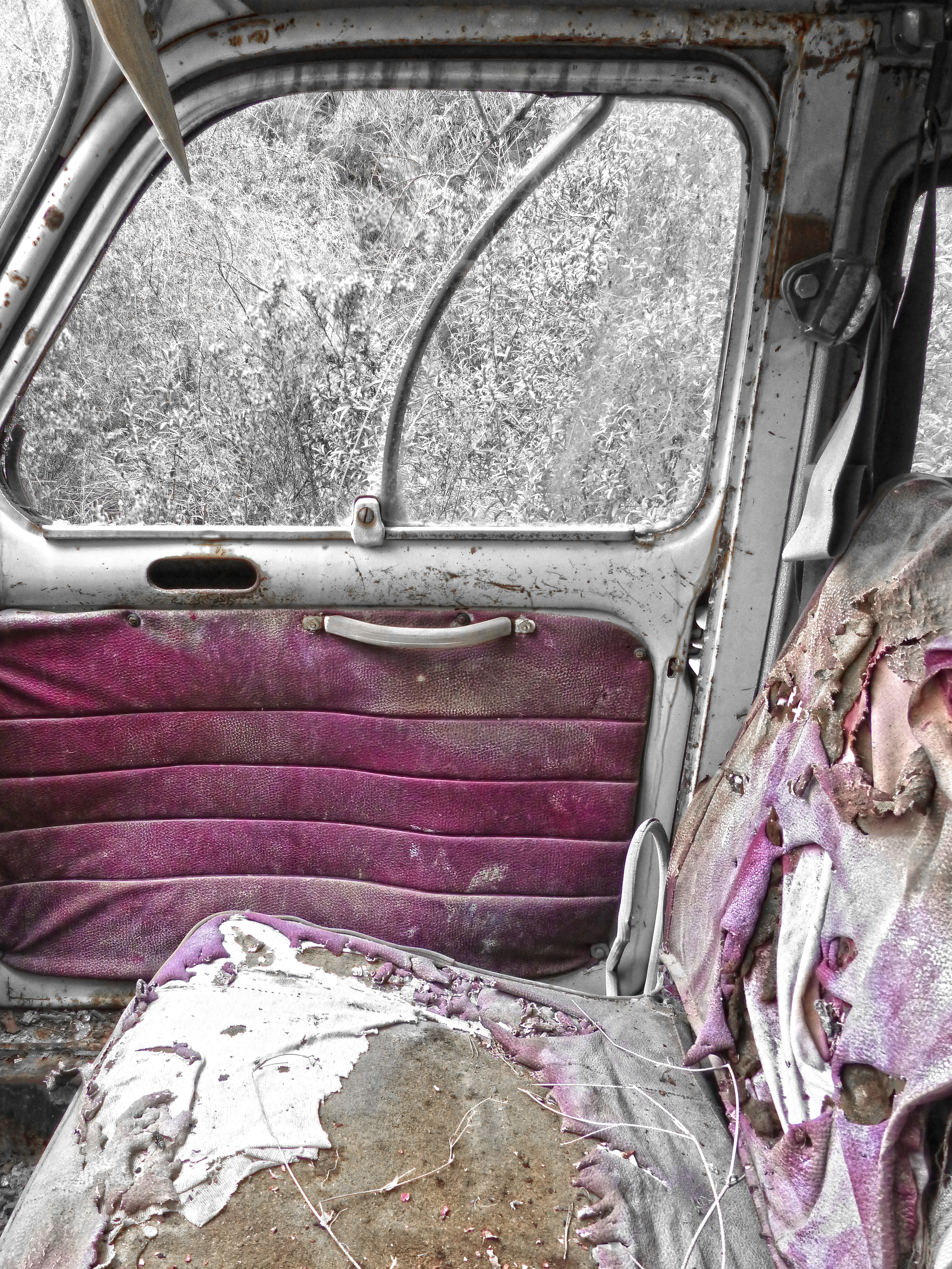 metal, inside, mode of transportation, damaged, car interior, renault f4, transportation, car, abandoned, antique car, day, pink color, tousled, obsolete, Phone HD Wallpaper