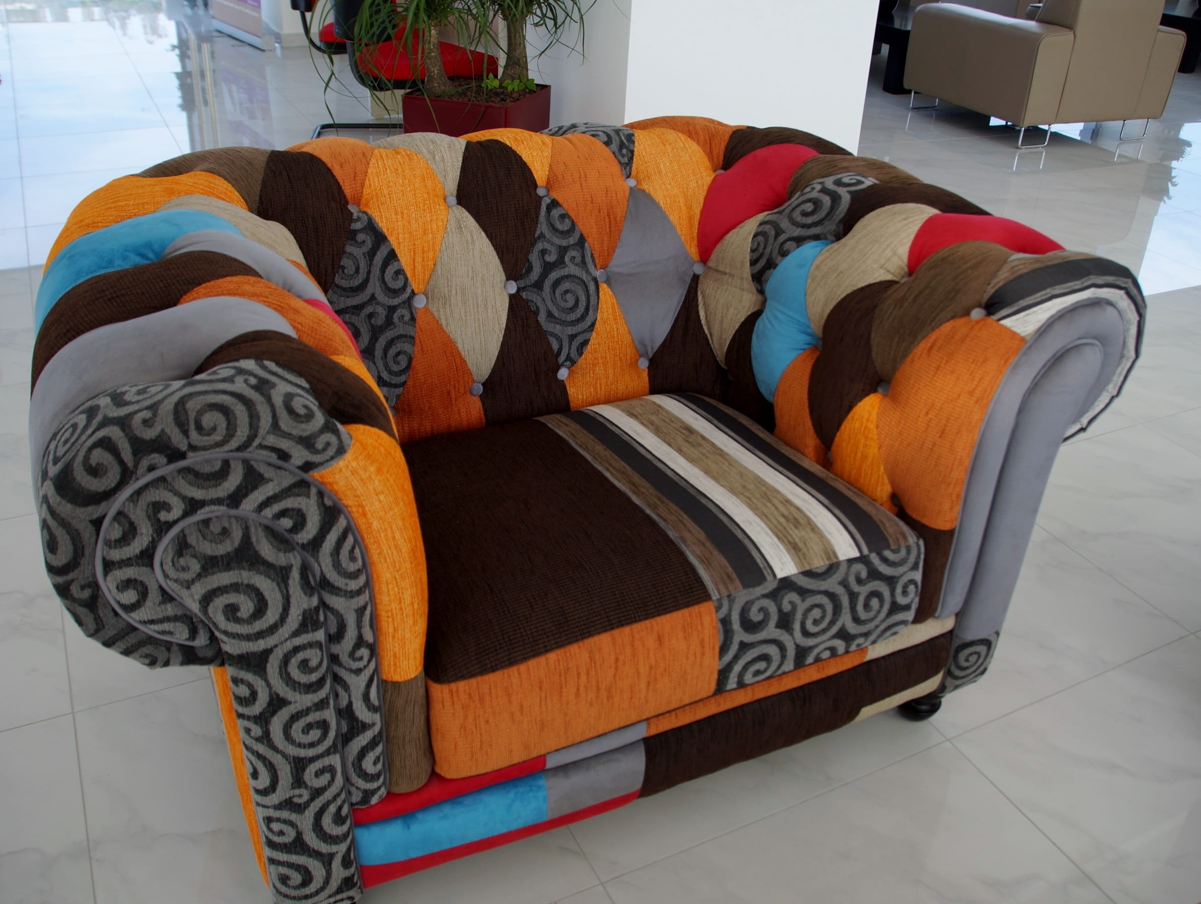 floor, home interior, orange color, flooring, Chair, cushion, tile, day, Couch, in a row, fabric, stuffed, indoors, 1080P, pillow, furniture, no people, HD Wallpaper