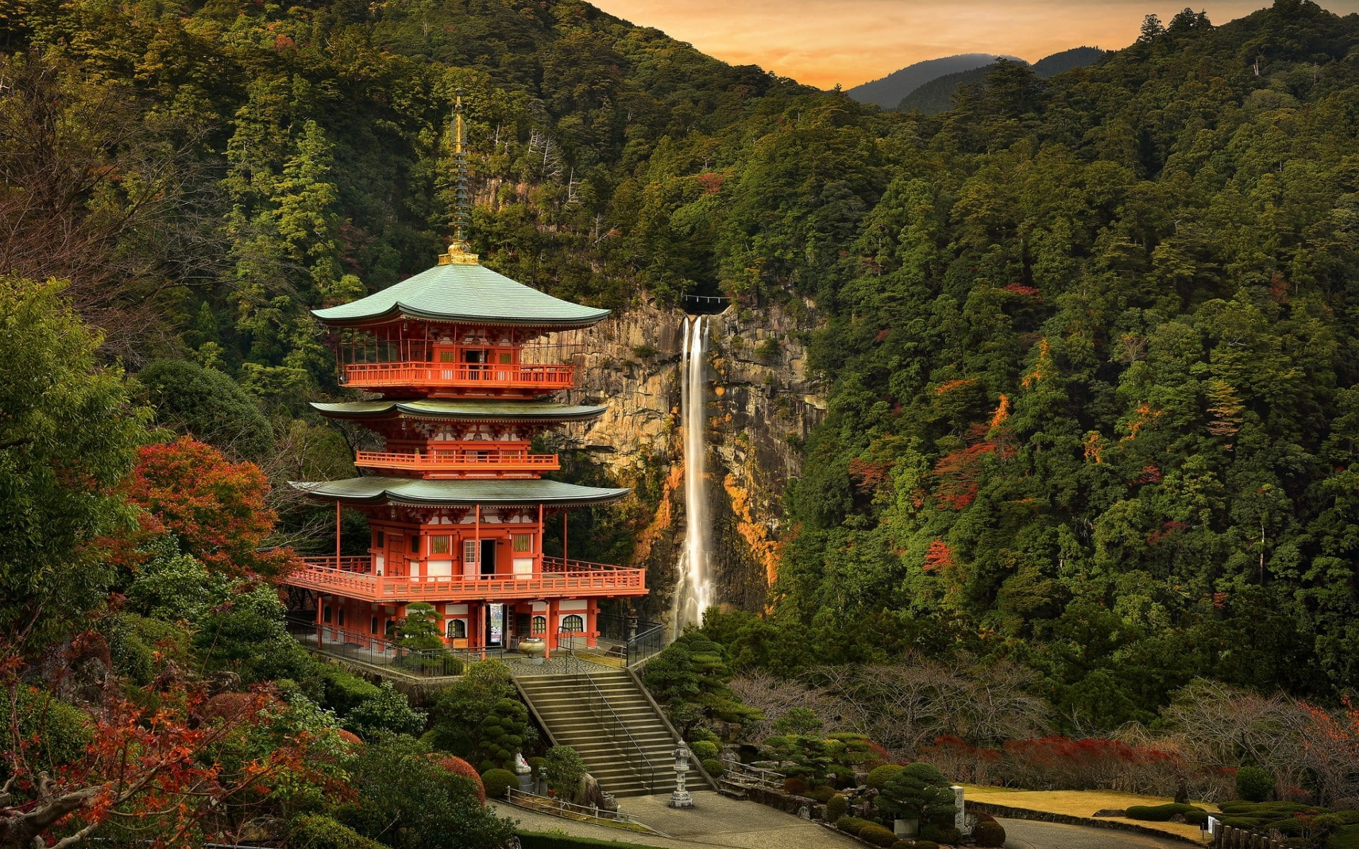 stairs, trees, hills, waterfall, landscape, forest, fall, clouds, Asian architecture, Japanese Garden, building, nature, Japan, 1080P, water, sunset, rock, HD Wallpaper