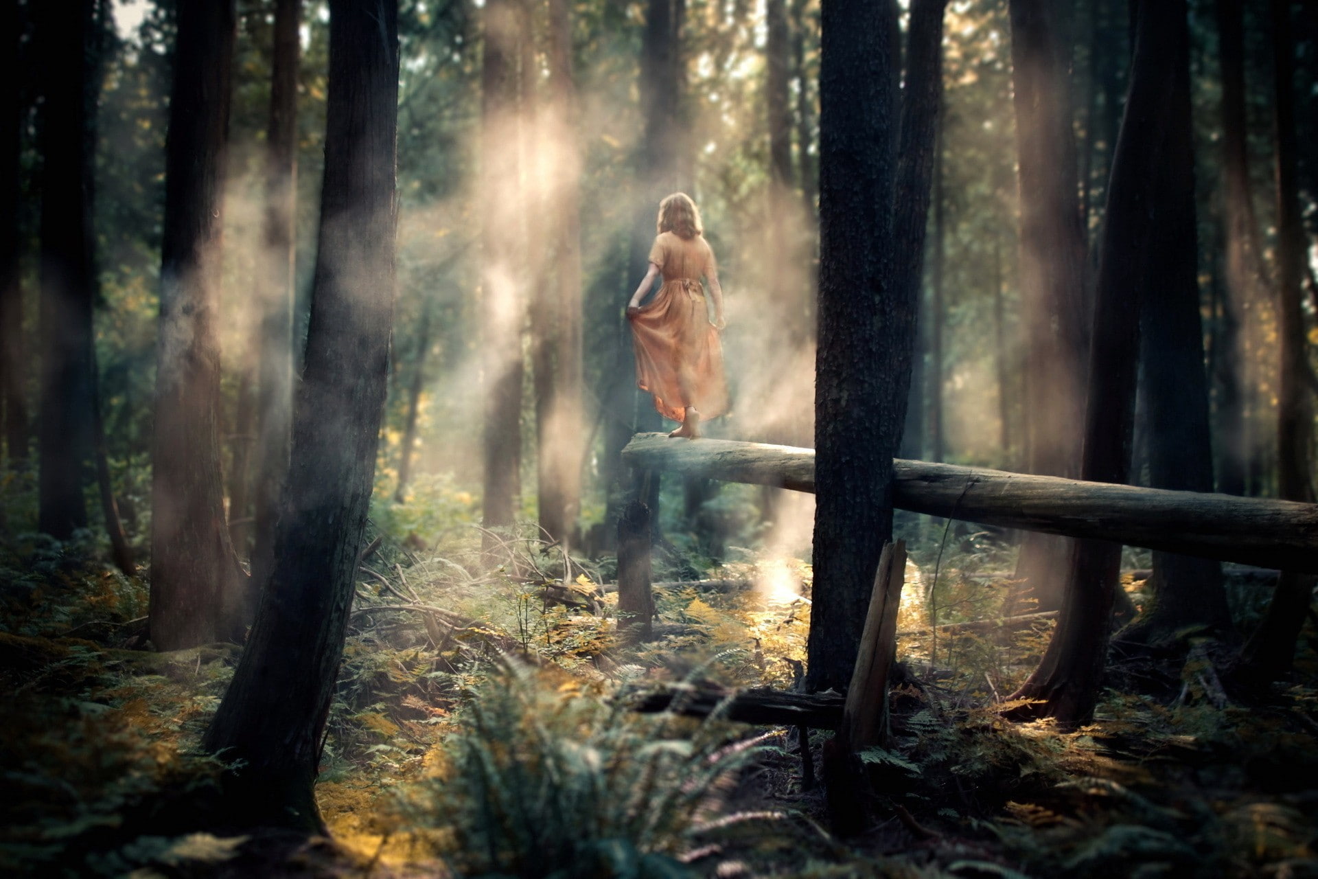 women outdoors, forest, mist, women, dappled sunlight, 1080P, dark, HD Wallpaper