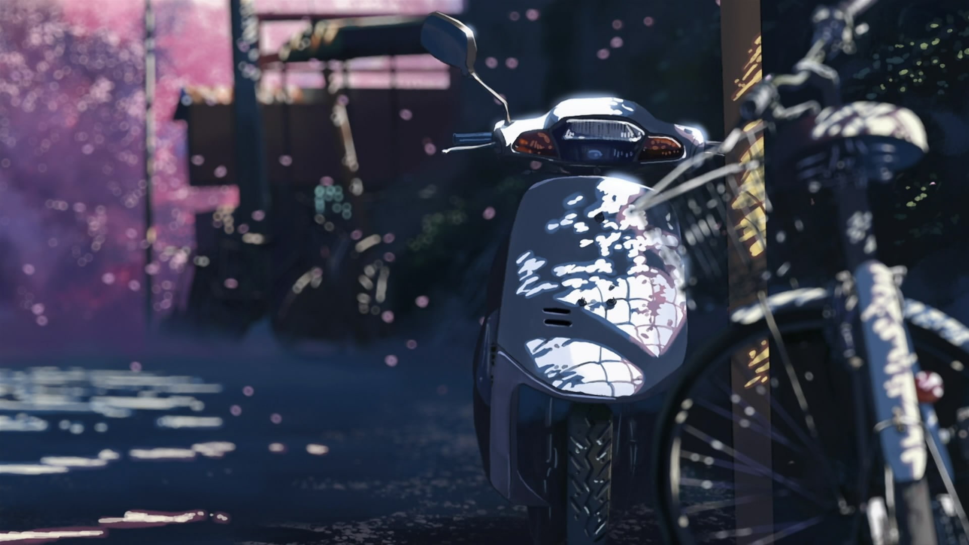 motorcycle, 1080P, anime, landscape, Makoto Shinkai, sunlight, 5 Centimeters Per Second, dappled sunlight, HD Wallpaper