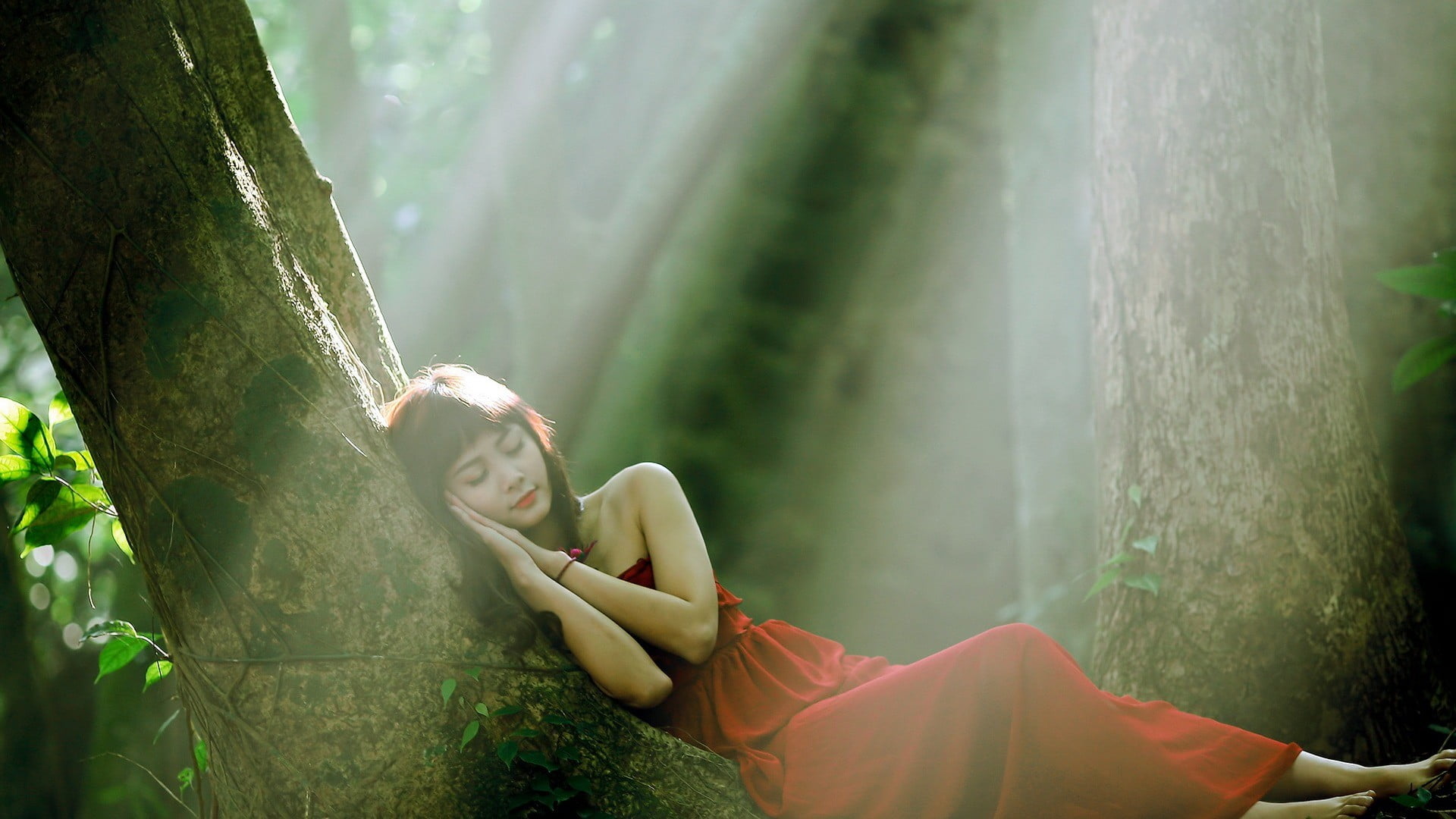 leisure activity, real people, green color, forest, red dress, women outdoors, Asian, nature, barefoot, woodland, 1080P, women, bare shoulders, land, beautiful woman, HD Wallpaper