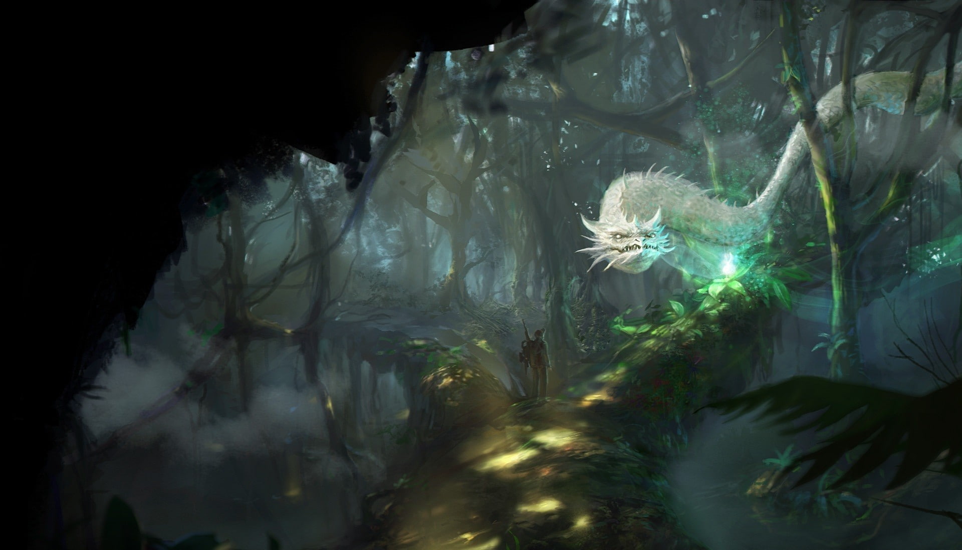 dragon, 1080P, dappled sunlight, forest, fantasy art, HD Wallpaper