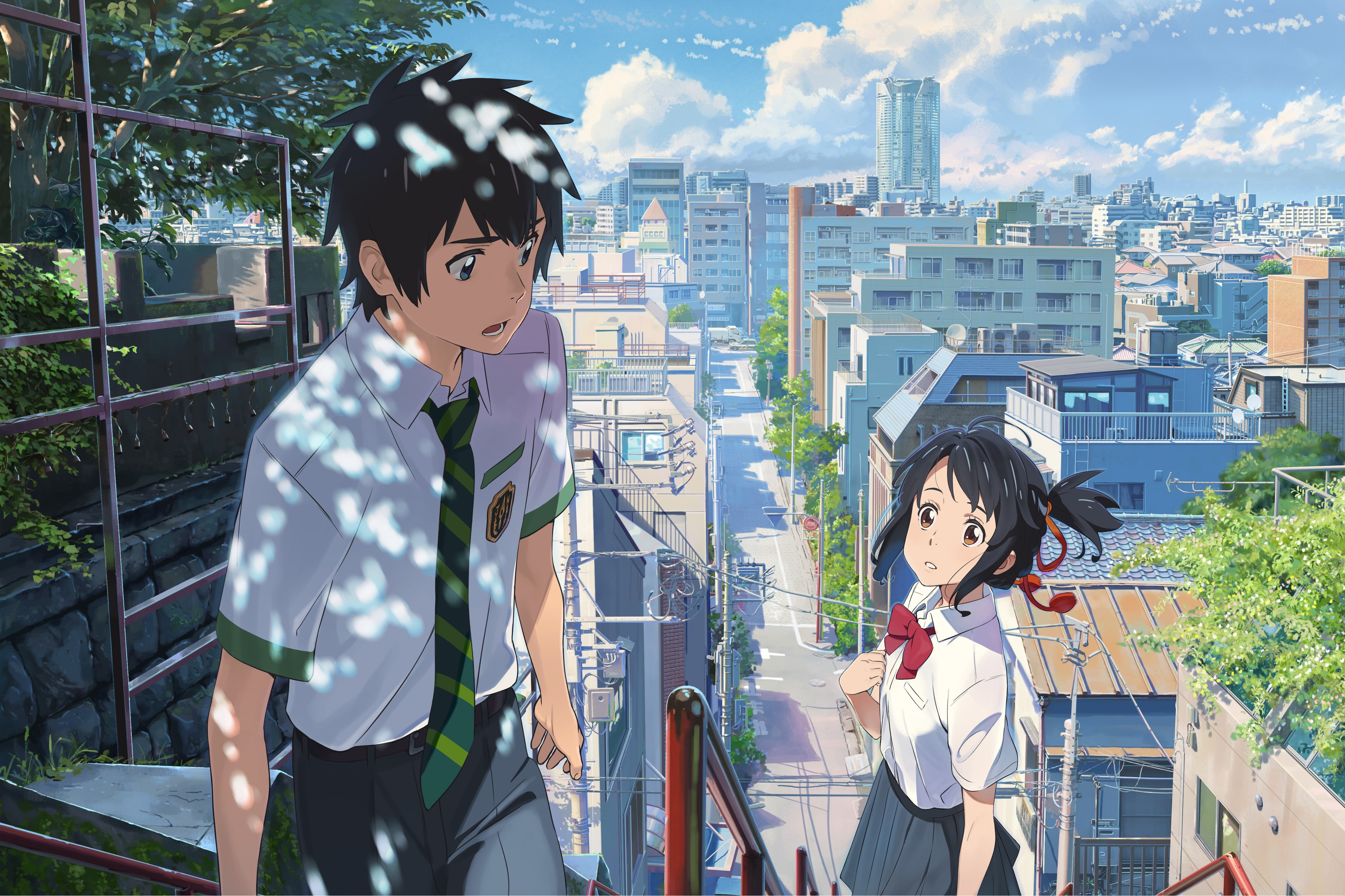 brown eyes, short hair, city, Kimi no Na Wa, anime girls, 4K, Tachibana Taki, dappled sunlight, Miyamizu Mitsuha, street, anime, black hair, blue eyes, HD Wallpaper