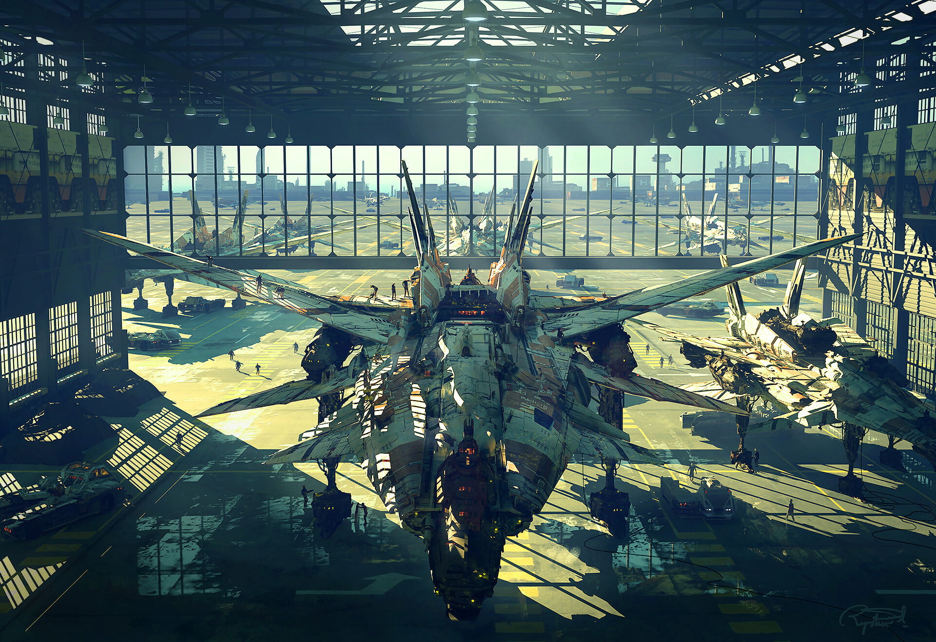 dappled sunlight, sunlight, digital painting, artwork, 1080P, jets, ArtStation, airport, digital art, Raphael Lacoste, jet fighter, HD Wallpaper