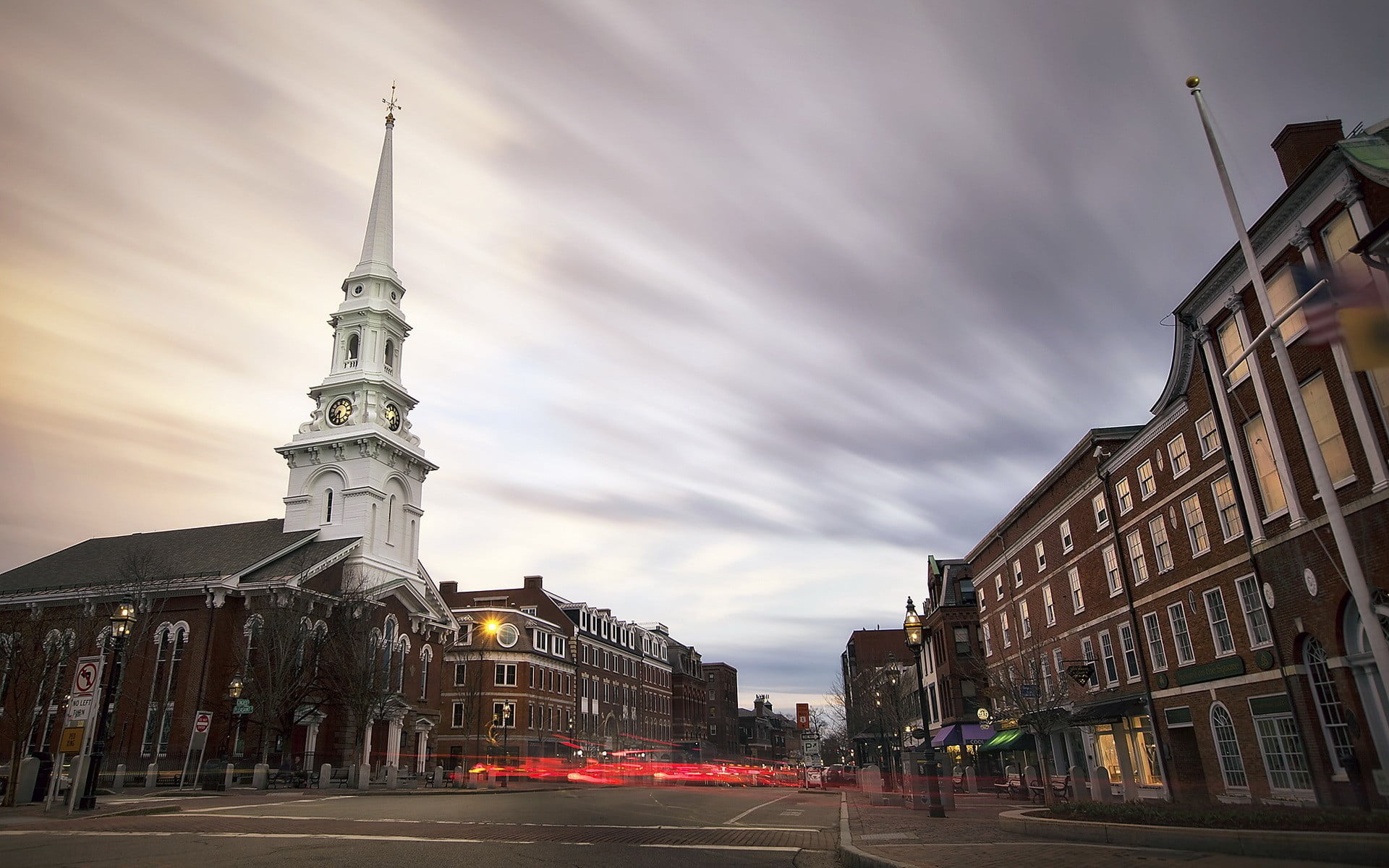 transportation, built structure, travel, New Hampshire, sky, city, place of worship, direction, street, cloud - sky, religion, building, belief, road, church, HD Wallpaper