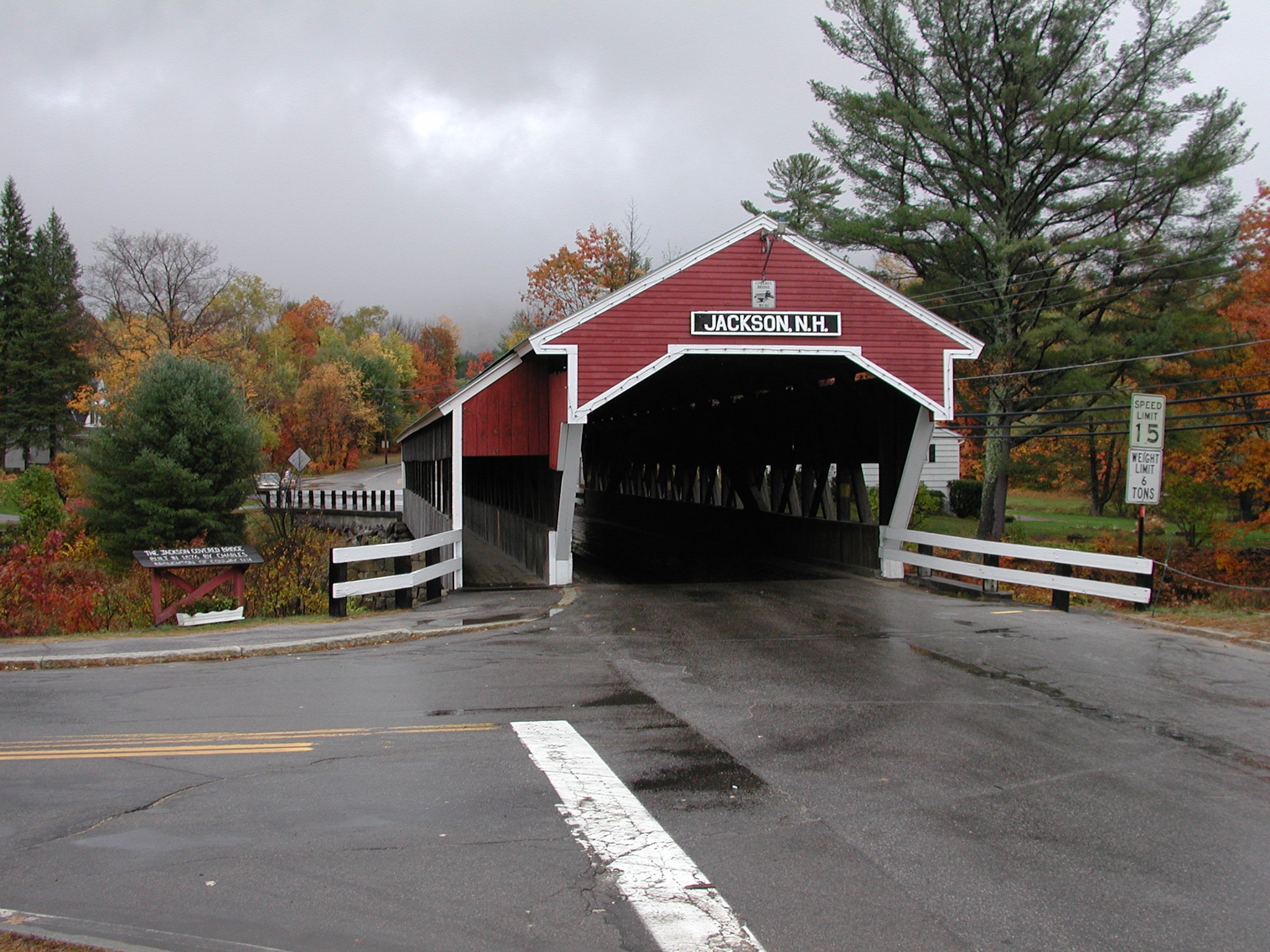 street, covered bridge, 1080P, communication, red, river, fall colors, stream, wet road, built structure, nature, city, fall, building exterior, cloud - sky, HD Wallpaper