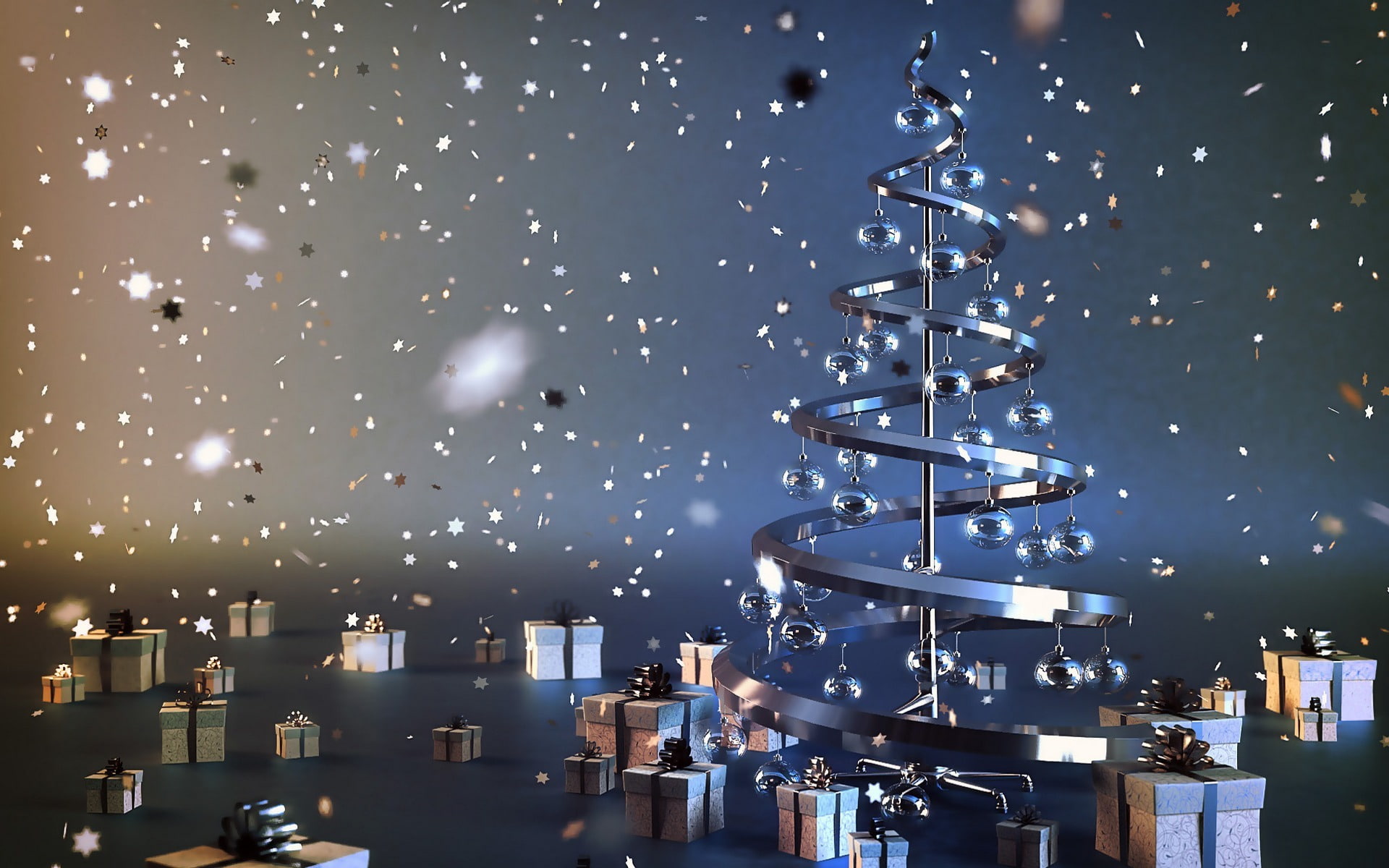 steel, 1080P, creative, lights, box, decoration, Happy new year, gifts, spruce, stars, New year, tree, balls, Christmas tree, HD Wallpaper