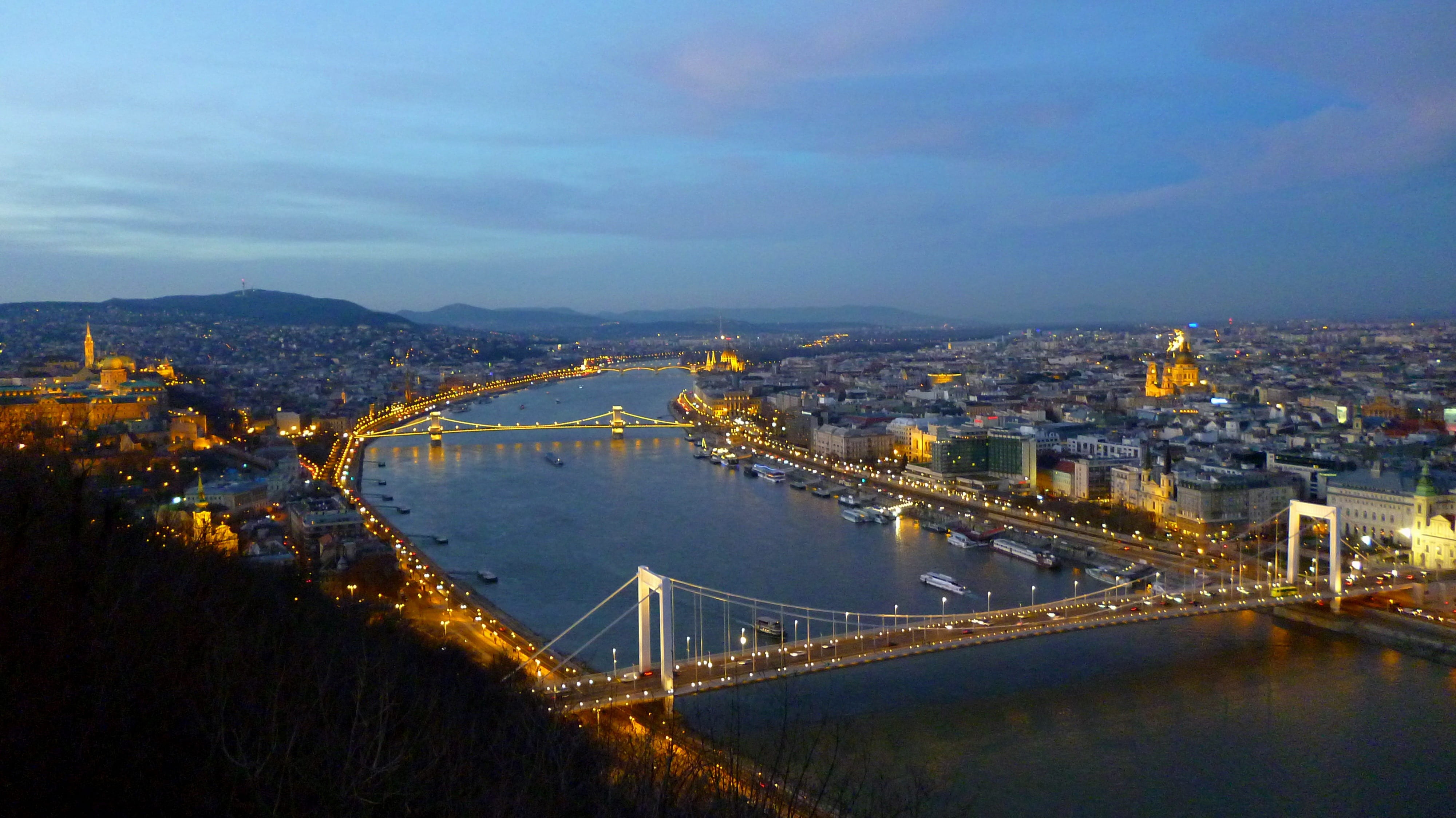 cloud - sky, illuminated, kékóra, no people, river, high angle view, connection, suspension bridge, panorama, chain bridge, bridge - man made structure, HD Wallpaper