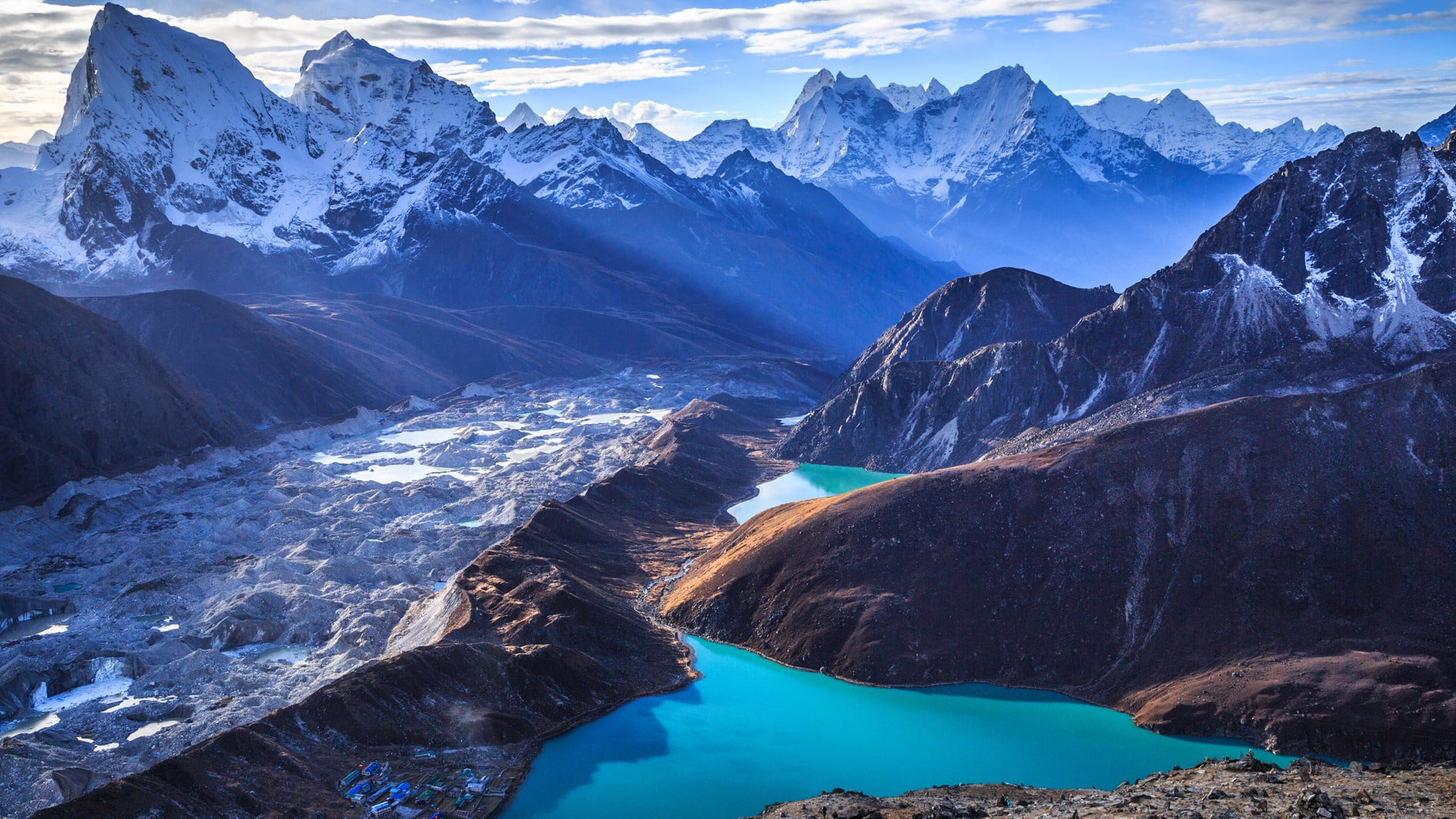 sun rays, morning, water, glacier, snowy peak, lake, clouds, 1080P, nature, Himalayas, sky, landscape, rocks, India, mountains, mist, snowy mountain, HD Wallpaper