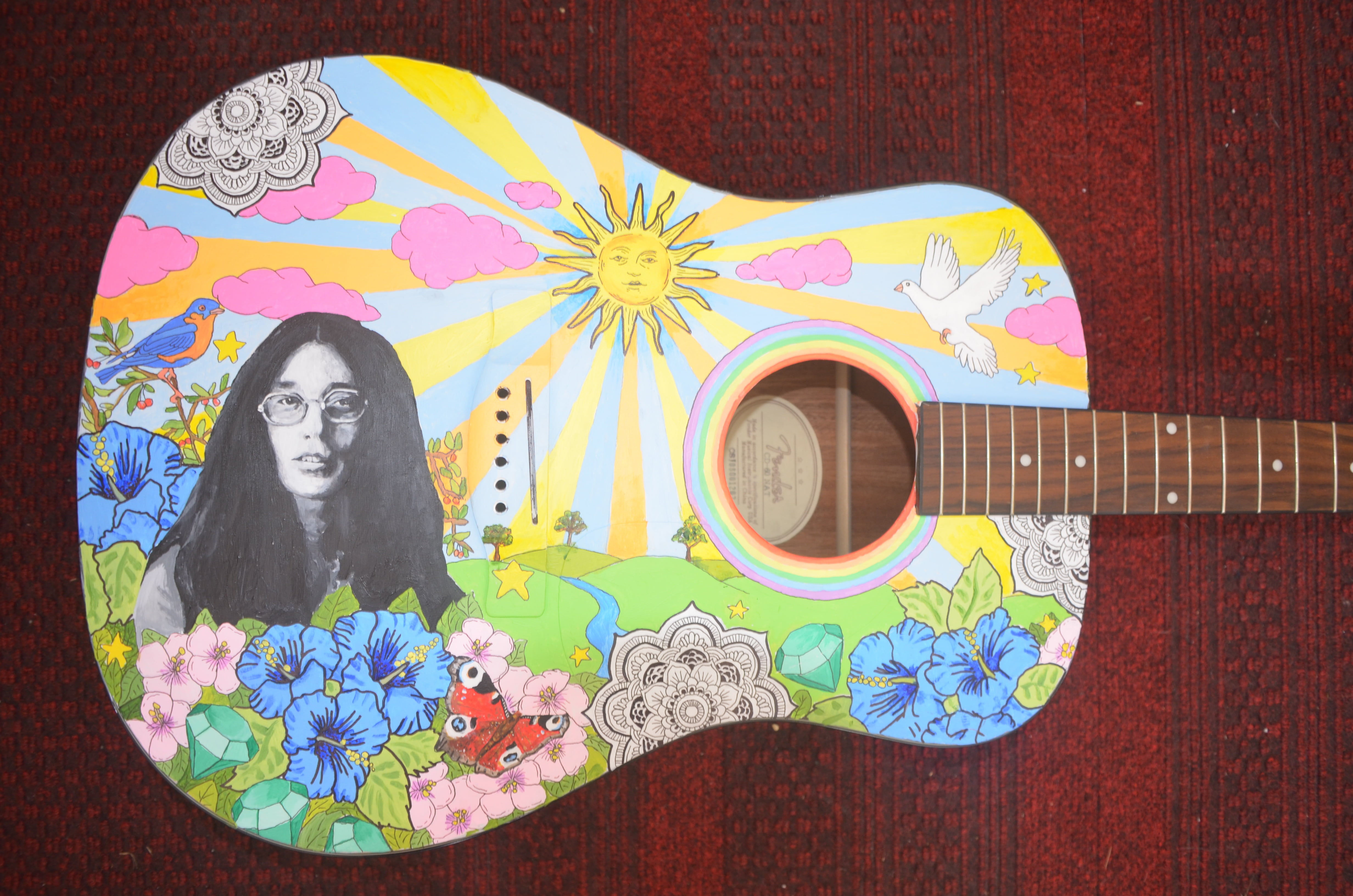 entertainment, pattern, acoustic guitar, representation, table, music, still life, floral pattern, wall - building feature, multicolored, artist, indoors, HD Wallpaper