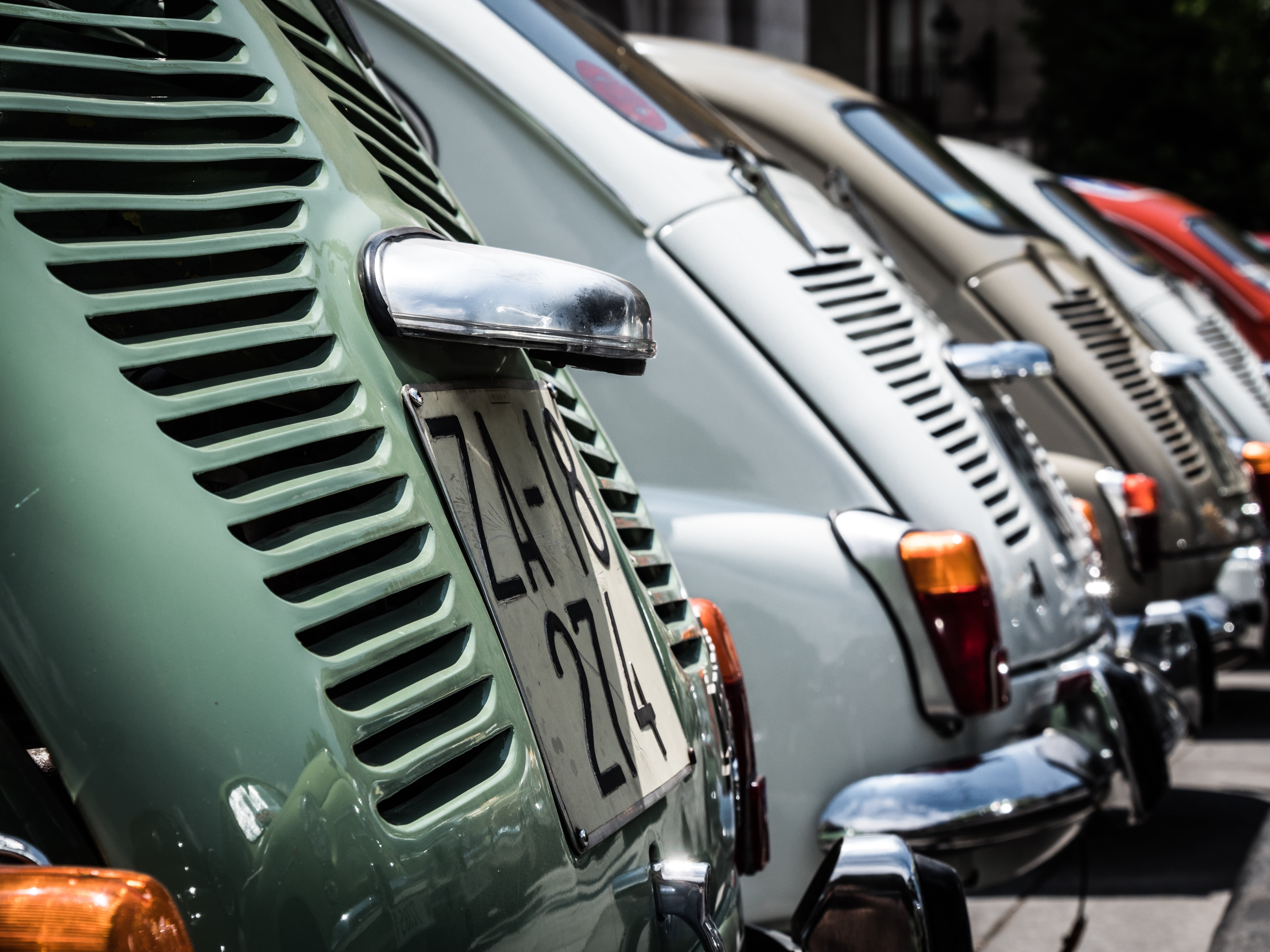 stationary, vehicle, street, vintage car, travel, park, parking, close-up, classic, antique car, small car, metal, in a row, utilitarian, volkswagen, coupe, HD Wallpaper