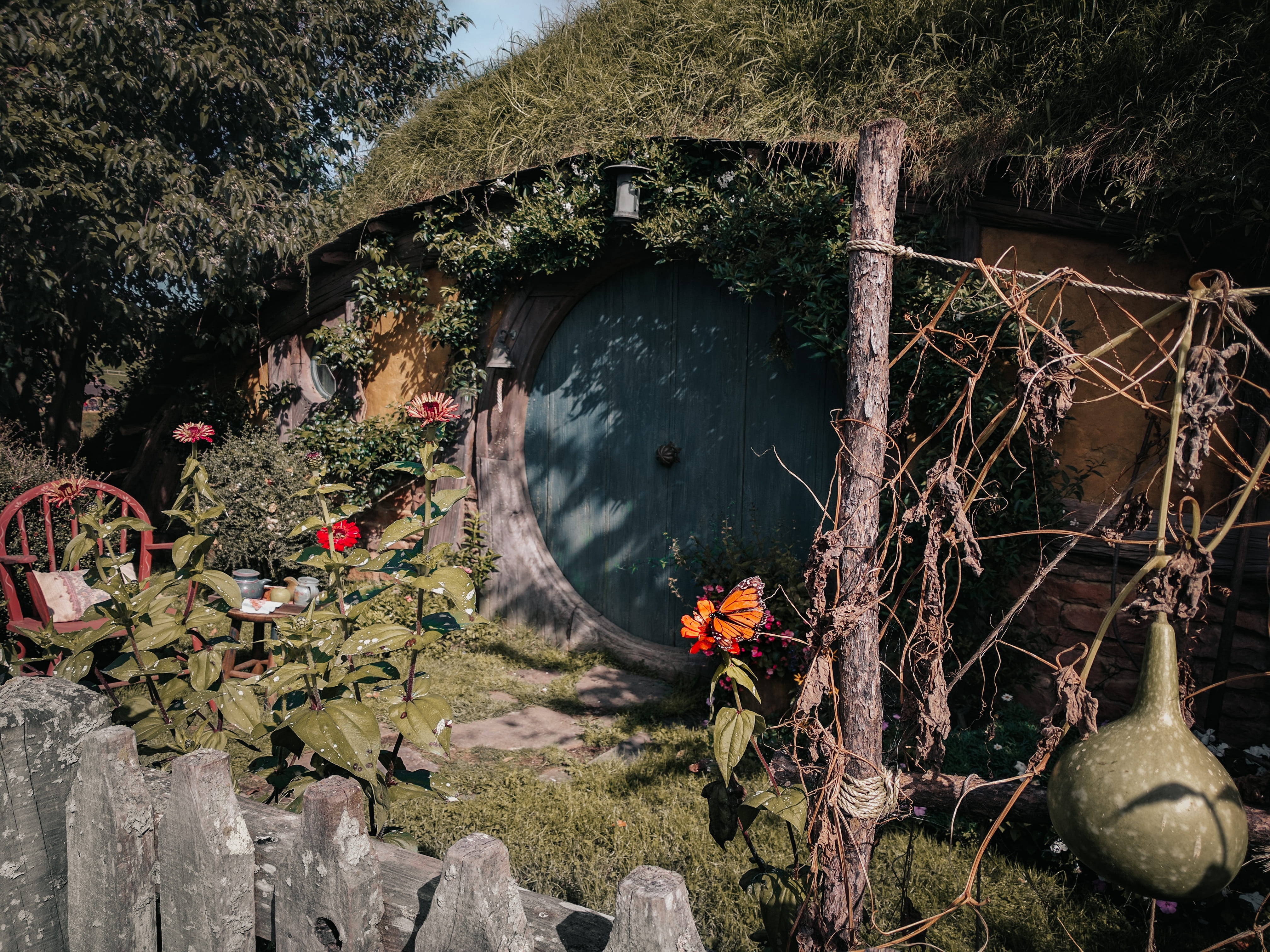 hobbit, built structure, door, rock, connection, arch, day, bridge, 4K, still, growth, photo, grass, architecture, outdoors, house, tree, flowing water, HD Wallpaper