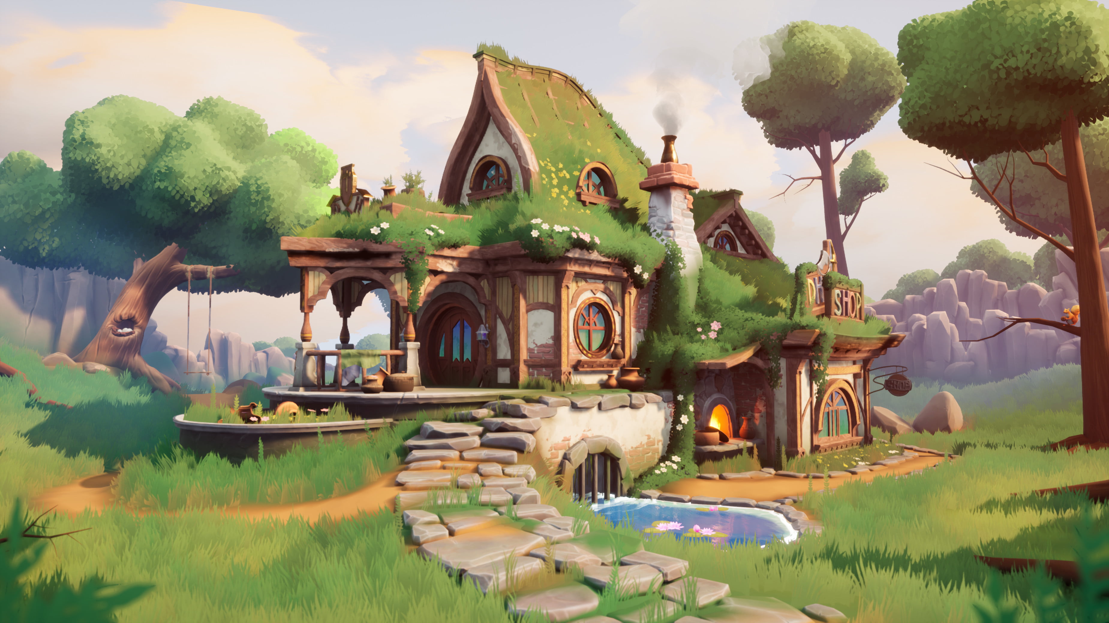 trees, digital art, landscape, garden, 2K, house, Hobbits, HD Wallpaper