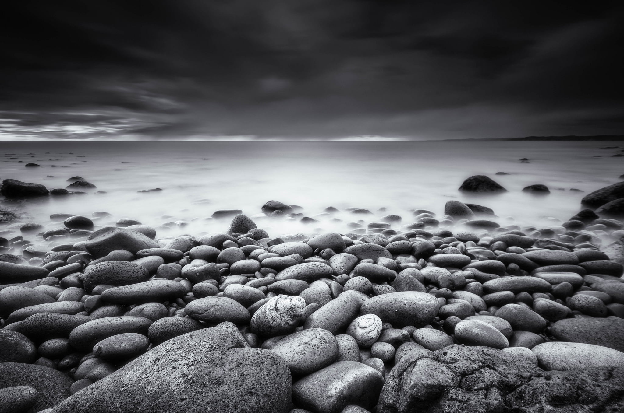 stones, sky, solid, land, rock - object, beauty in nature, horizon, no people, scenics - nature, Beach, sea, pebble, motion, water, power in nature, long exposure, HD Wallpaper