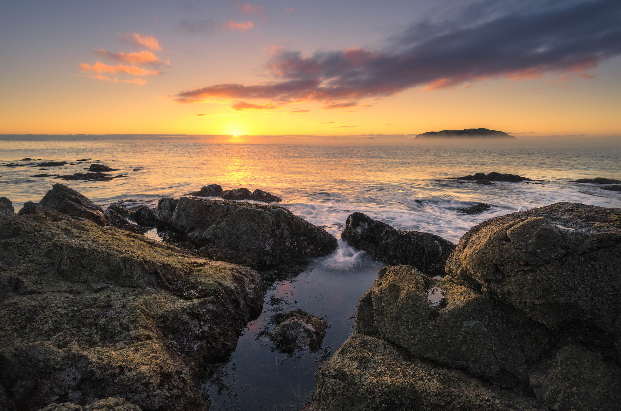 stones, the sun, dawn, the ocean, horizon, Tairua, 1080P, New Zealand, Waikato, morning, HD Wallpaper