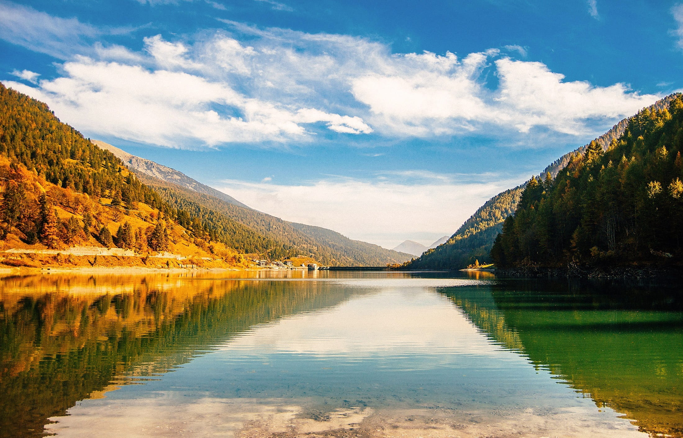 non-Urban Scene, beauty In Nature, natural, waterfront, nature, blue sky, plant, summer, day, blue, serene, clouds, mountains, water, tranquility, 1080P, HD Wallpaper