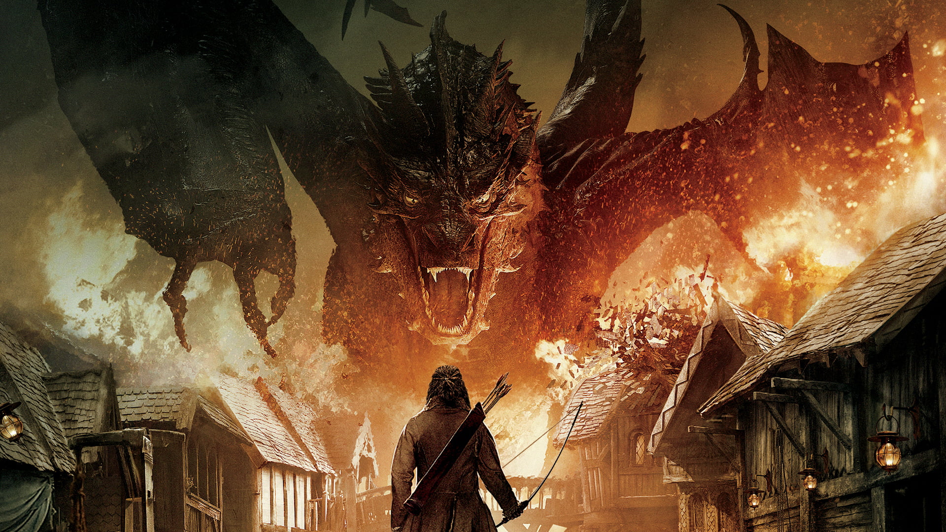 men, construction Industry, hobbit 3, outdoors, indoors, oil Painting, The Hobbit: The Battle of the Five Armies, digital, dragon, panoramic, HD Wallpaper