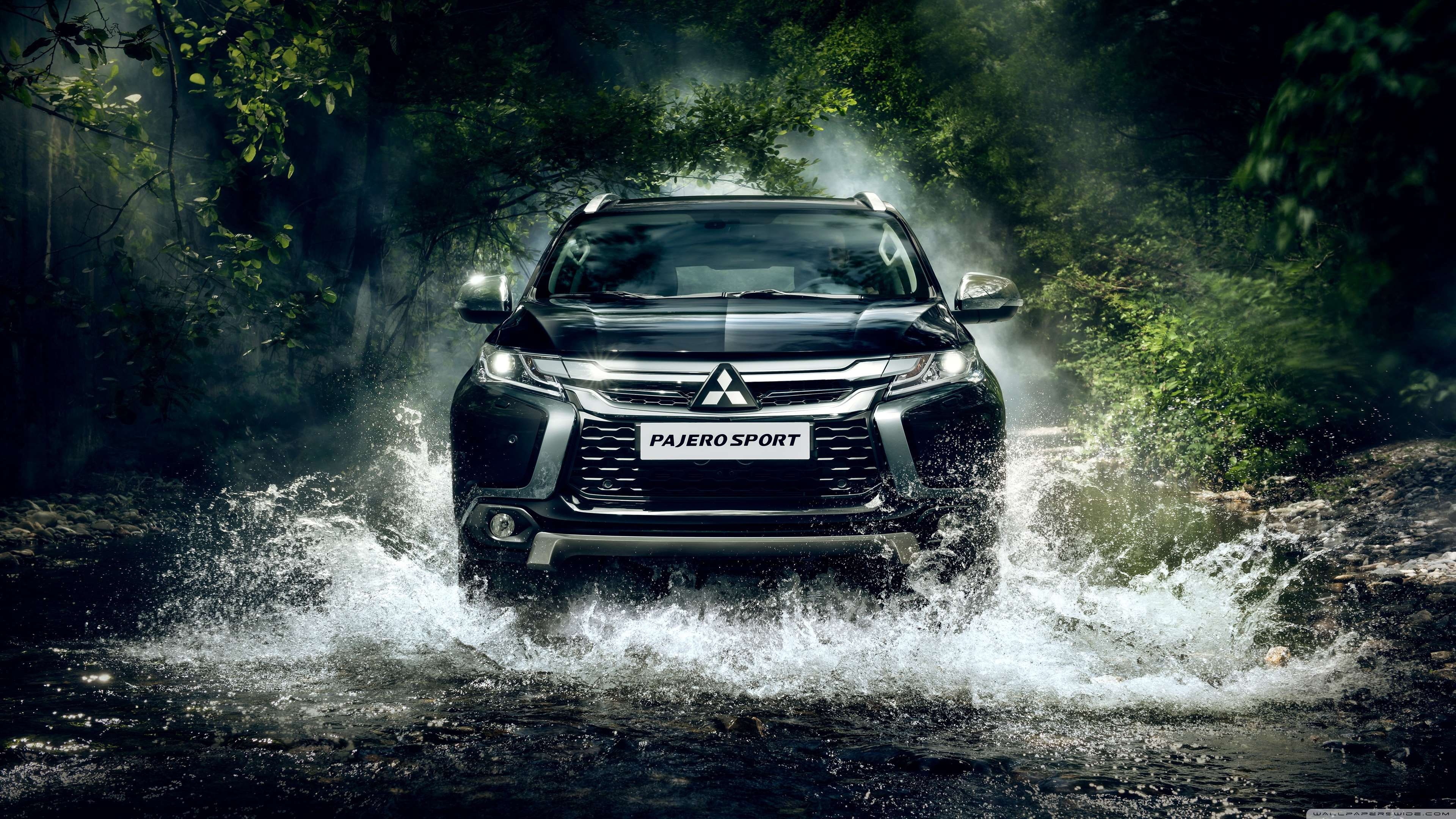 splashing, forest, communication, mitsubishi pajero sport, transportation, water, motion, dust, outdoors, car, land vehicle, tree, 4K, no people, blurred motion, HD Wallpaper