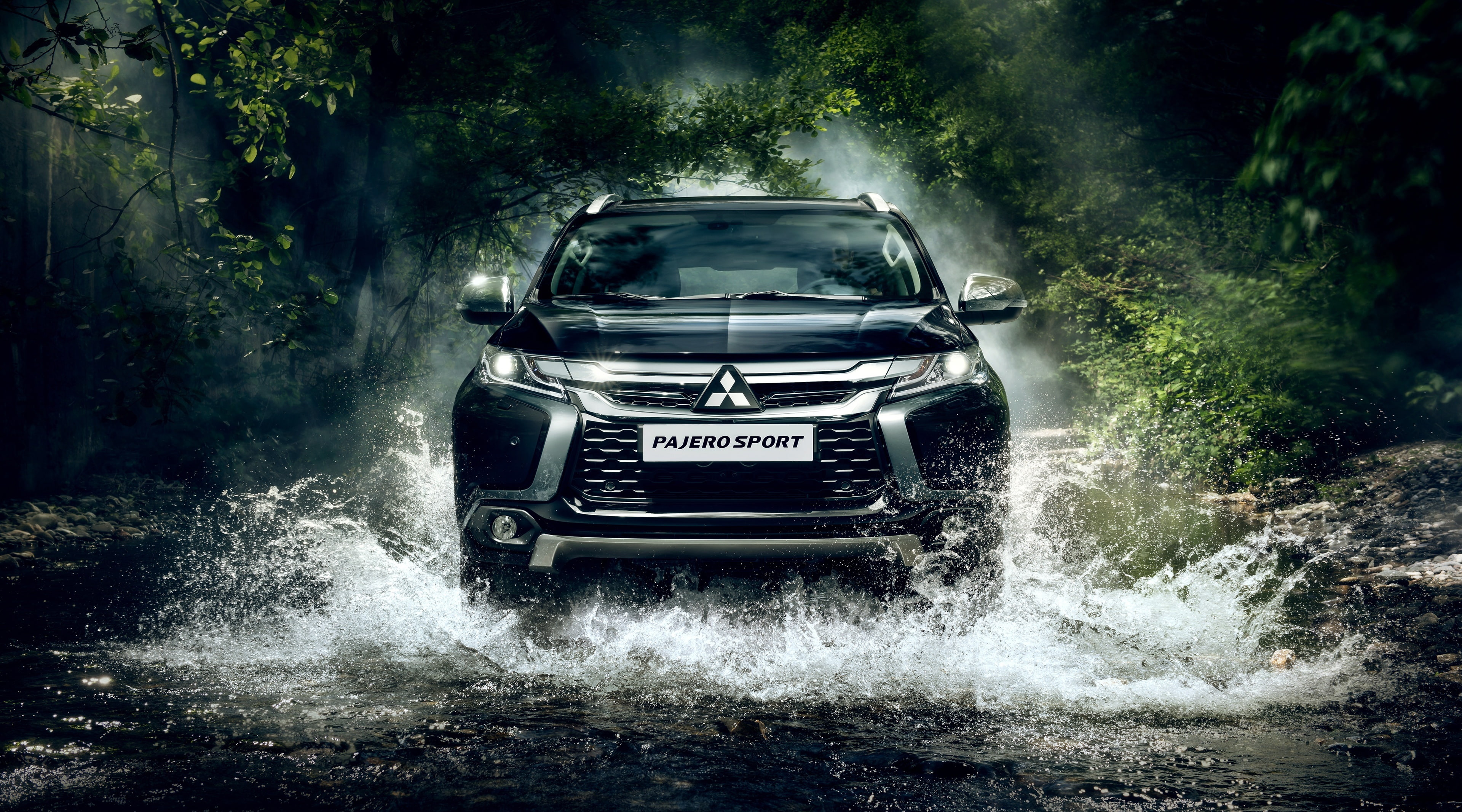 dust, land vehicle, outdoors, communication, water, motor vehicle, day, flowing water, forest, speed, splashing, Mitsubishi, 4K, nature, car, blurred motion, HD Wallpaper