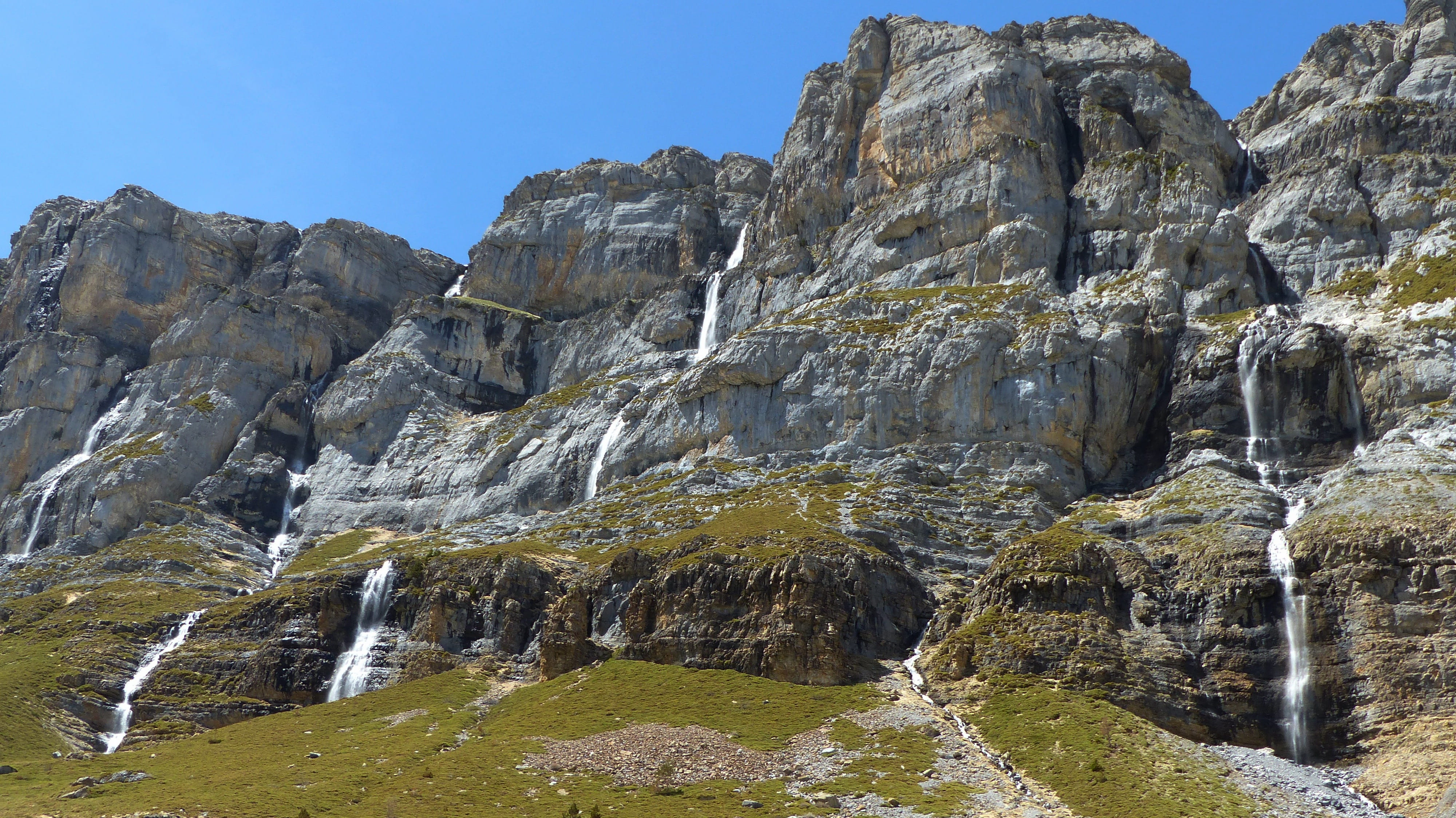 scenics - nature, sky, mountain peak, solid, eroded, waterfall, non-urban scene, ordesa valley, cliff, pyrenees, tranquil scene, landscape, outdoors, nature, HD Wallpaper