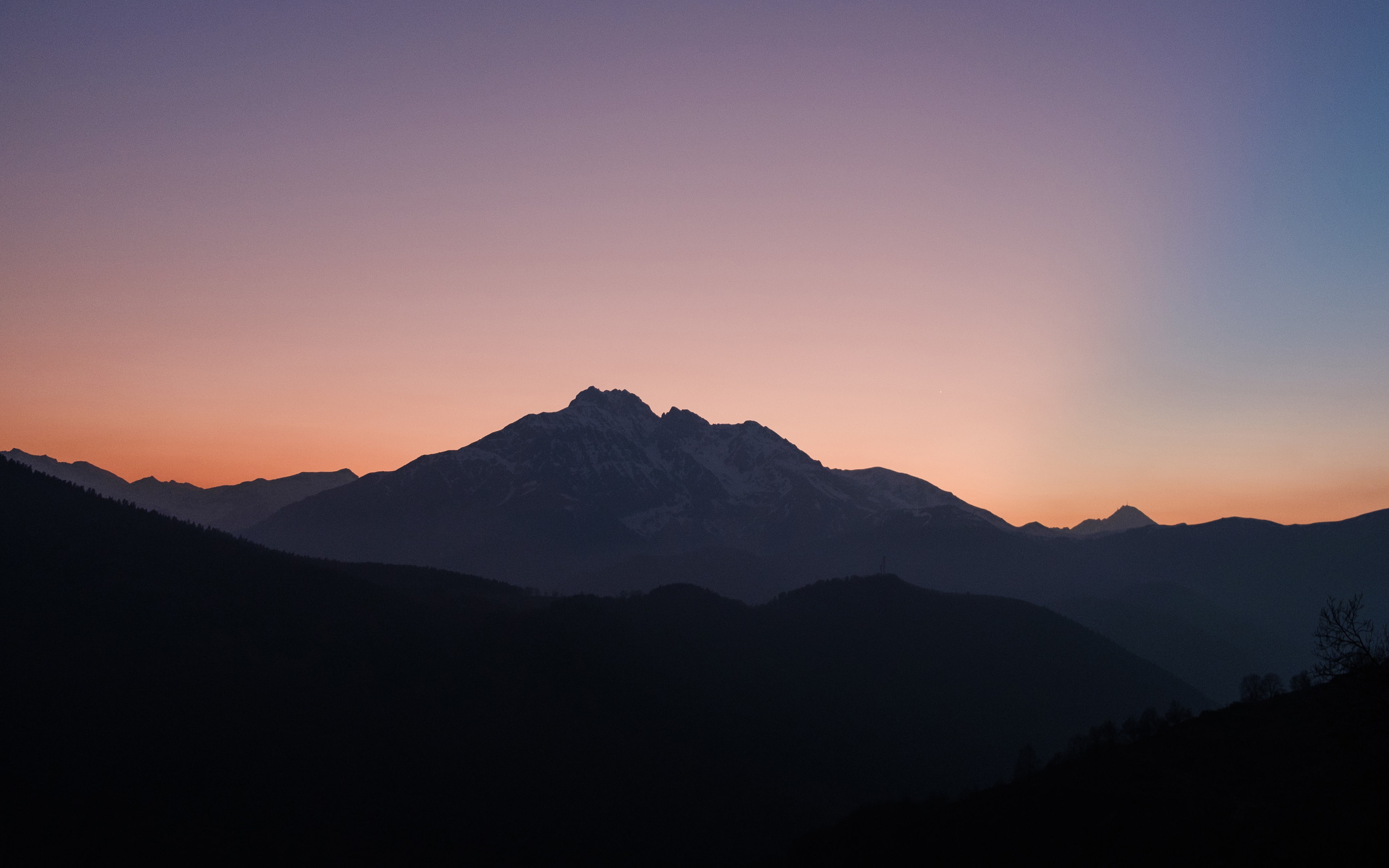idyllic, sky, beauty in nature, orange color, mountain peak, tranquility, non-urban scene, dark, silhouette, tranquil scene, remote, environment, landscape, HD Wallpaper