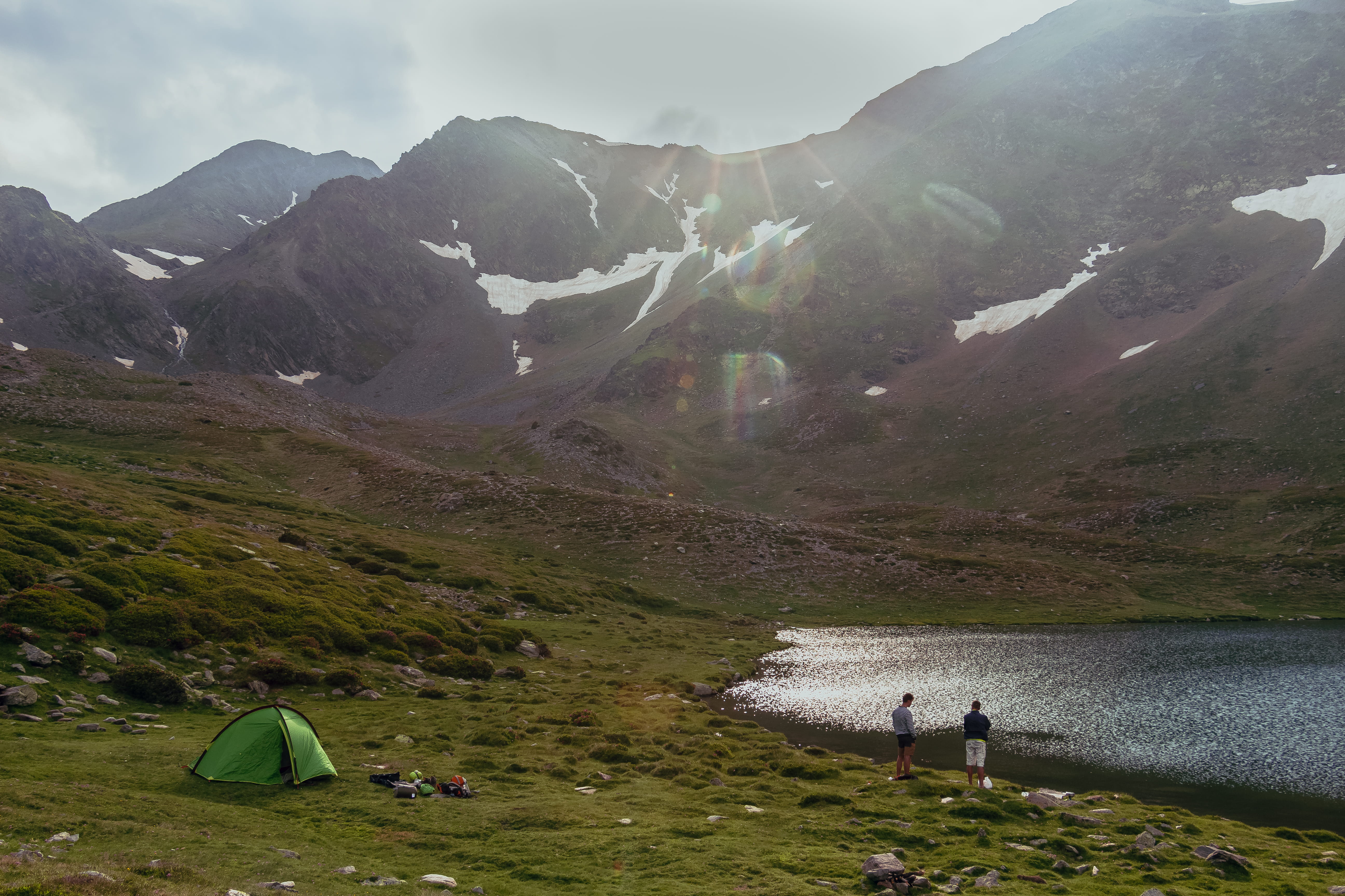 real people, camping, scenery, lifestyles, france, human, tranquility, leisure activity, landscape, person, scenics - nature, lake, rear view, pyrenees, HD Wallpaper