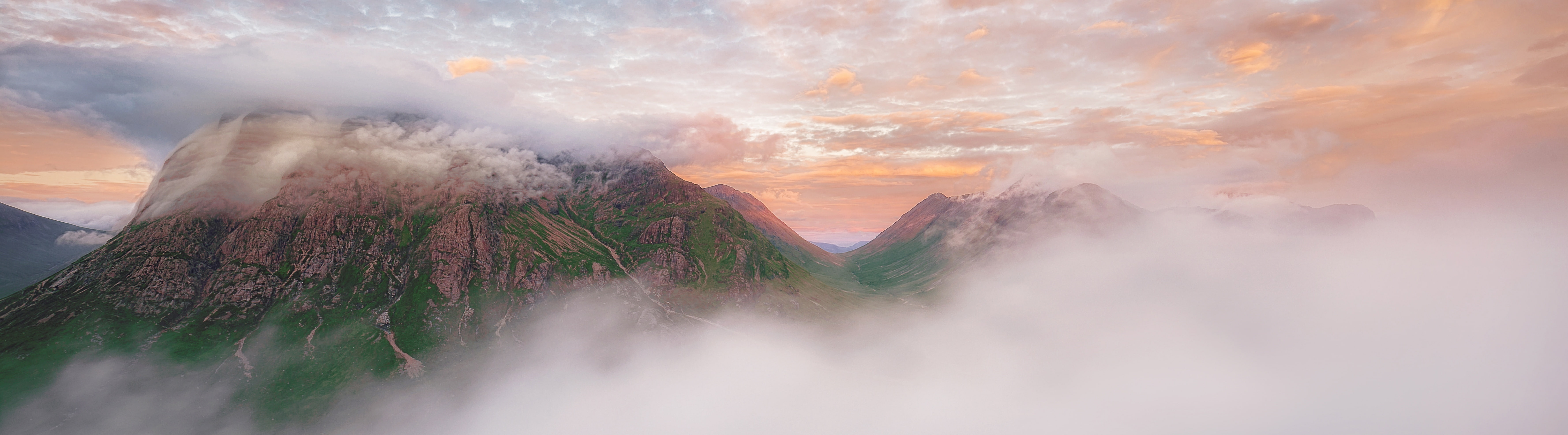 morningmist, cloud - sky, united kingdom, paradise, Panoramic, Highlands, Mountains, Buachaille Etive Mor, no people, hd, forest, Scene, Wilderness, sunset, HD Wallpaper