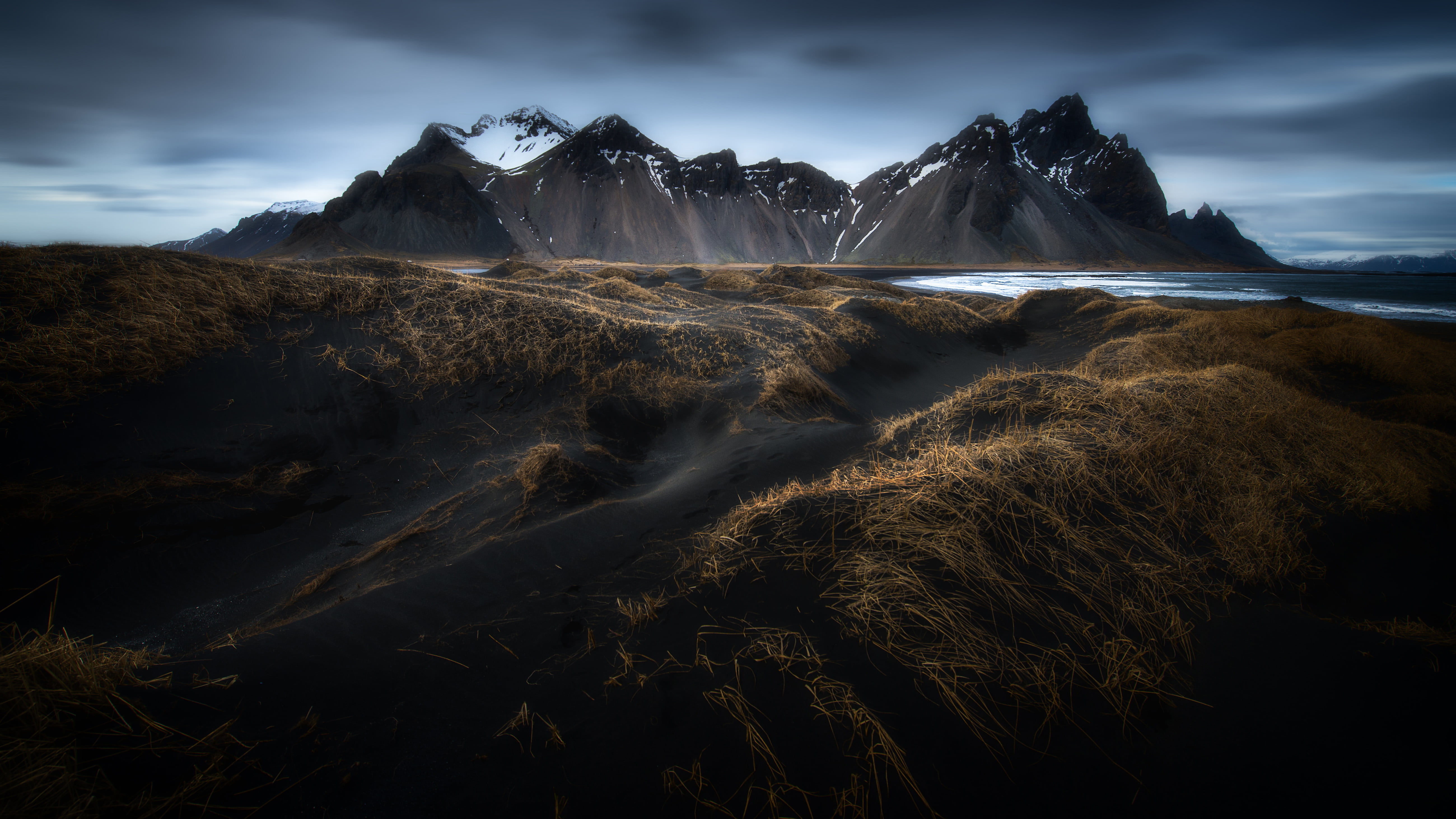 mountain peak, rock - object, plant, landscape, grass, coast, rocky, hd, nature, sand, blue, cold temperature, land, mountain range, island, HD Wallpaper