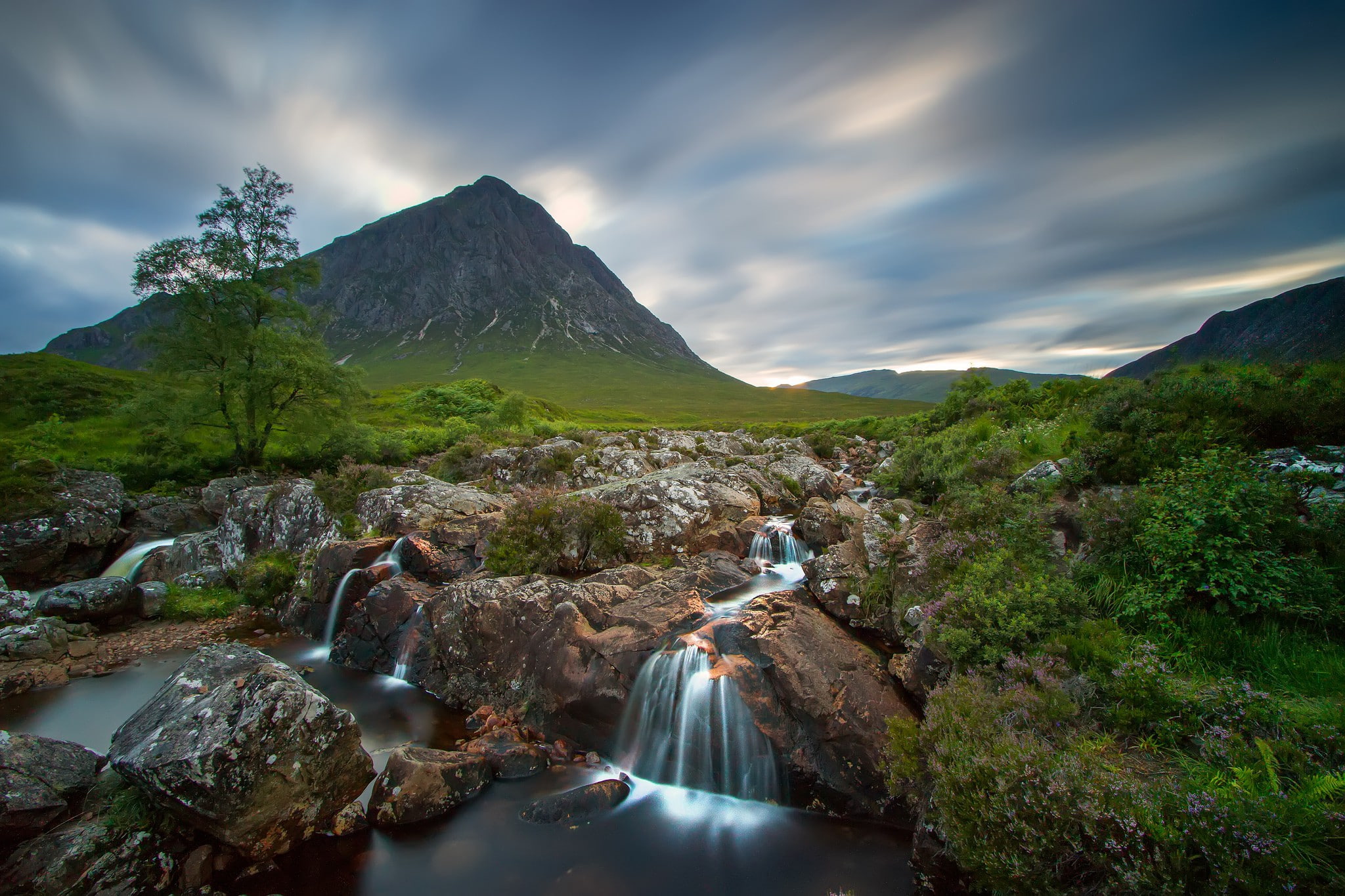 trees, sky, 1080P, Mountain, rocks, near, Scotland, waterfall, river, photo, landscape, HD Wallpaper