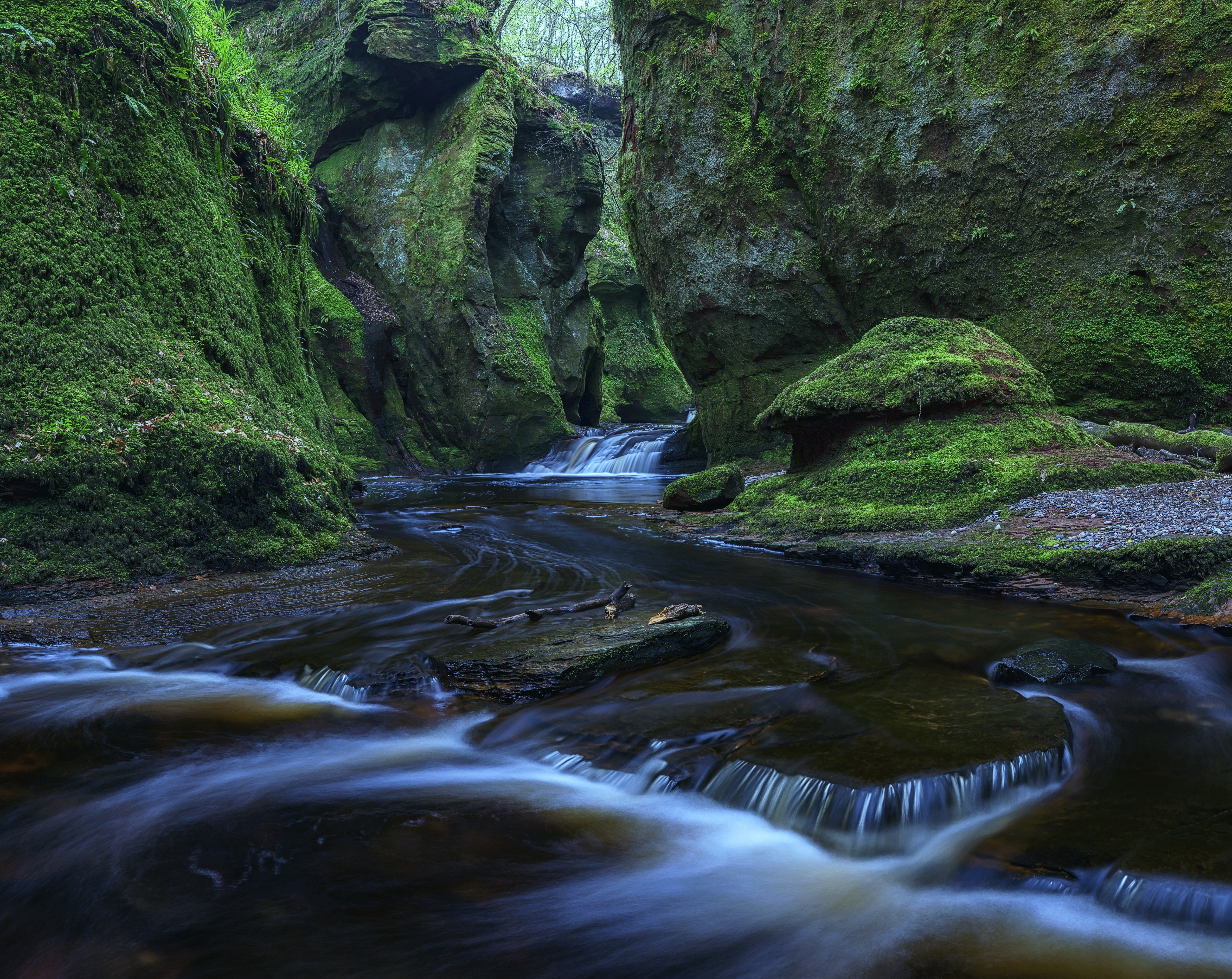 long exposure, stream - flowing water, glen, rainforest, rock, Scene, land, visit, Nature, kingdom, scenics - nature, Beautiful, Scotland, Outdoor, green, HD Wallpaper