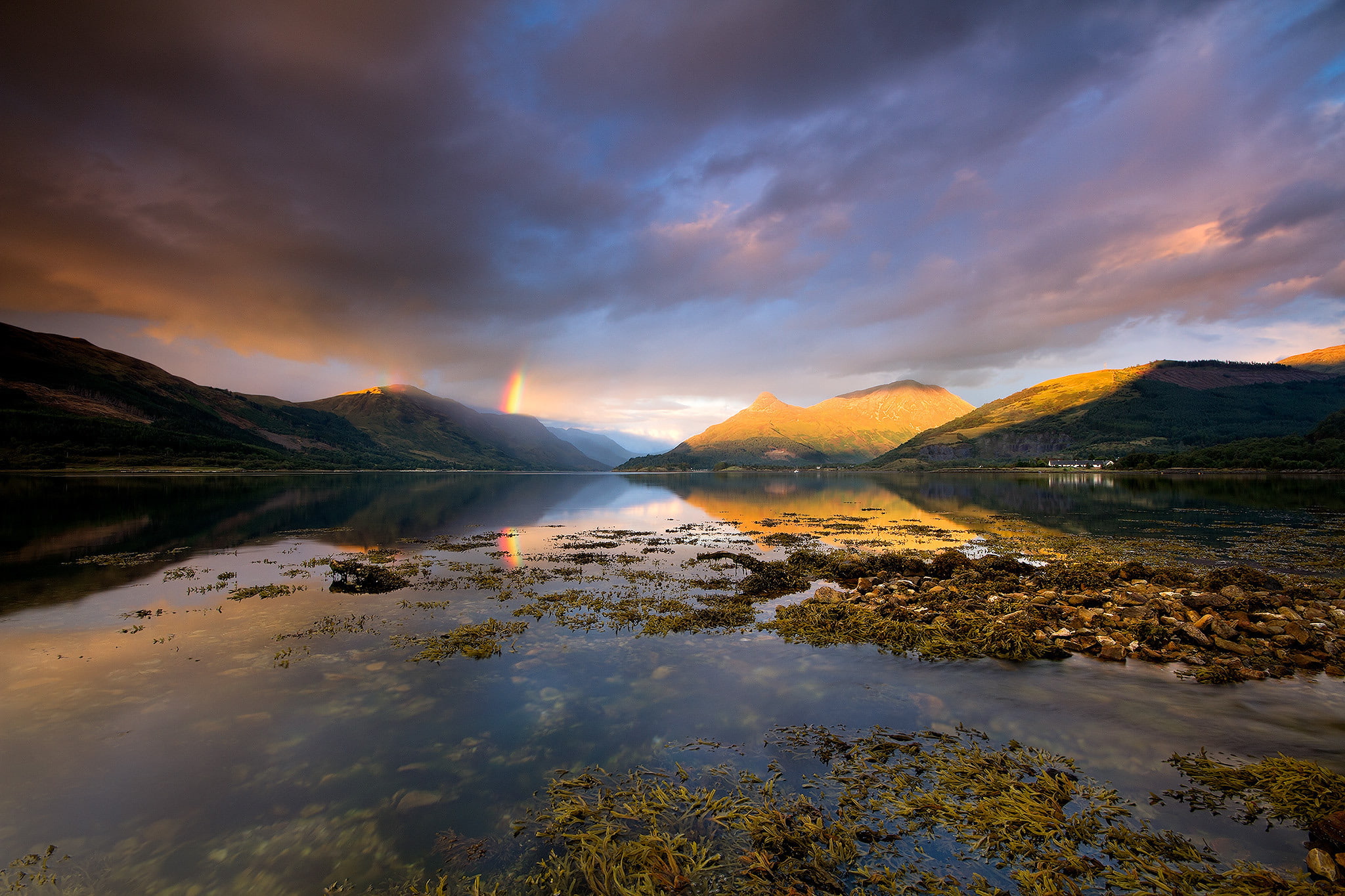 Scotland, clouds, mountains, rainbow, 1080P, Loch Leven, HD Wallpaper