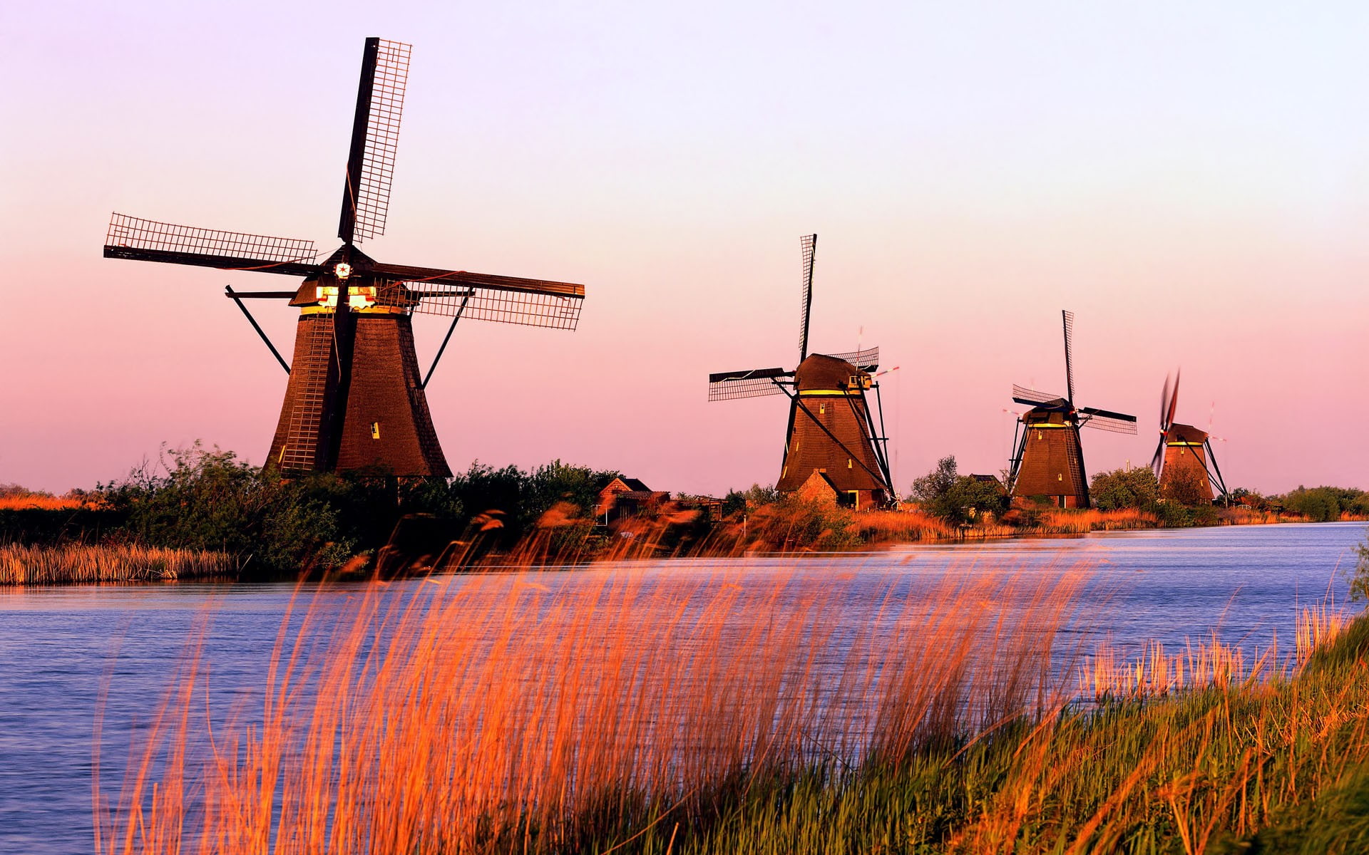 building, 1080P, landscape, river, clear sky, windmill, sky, sunset, nature, HD Wallpaper