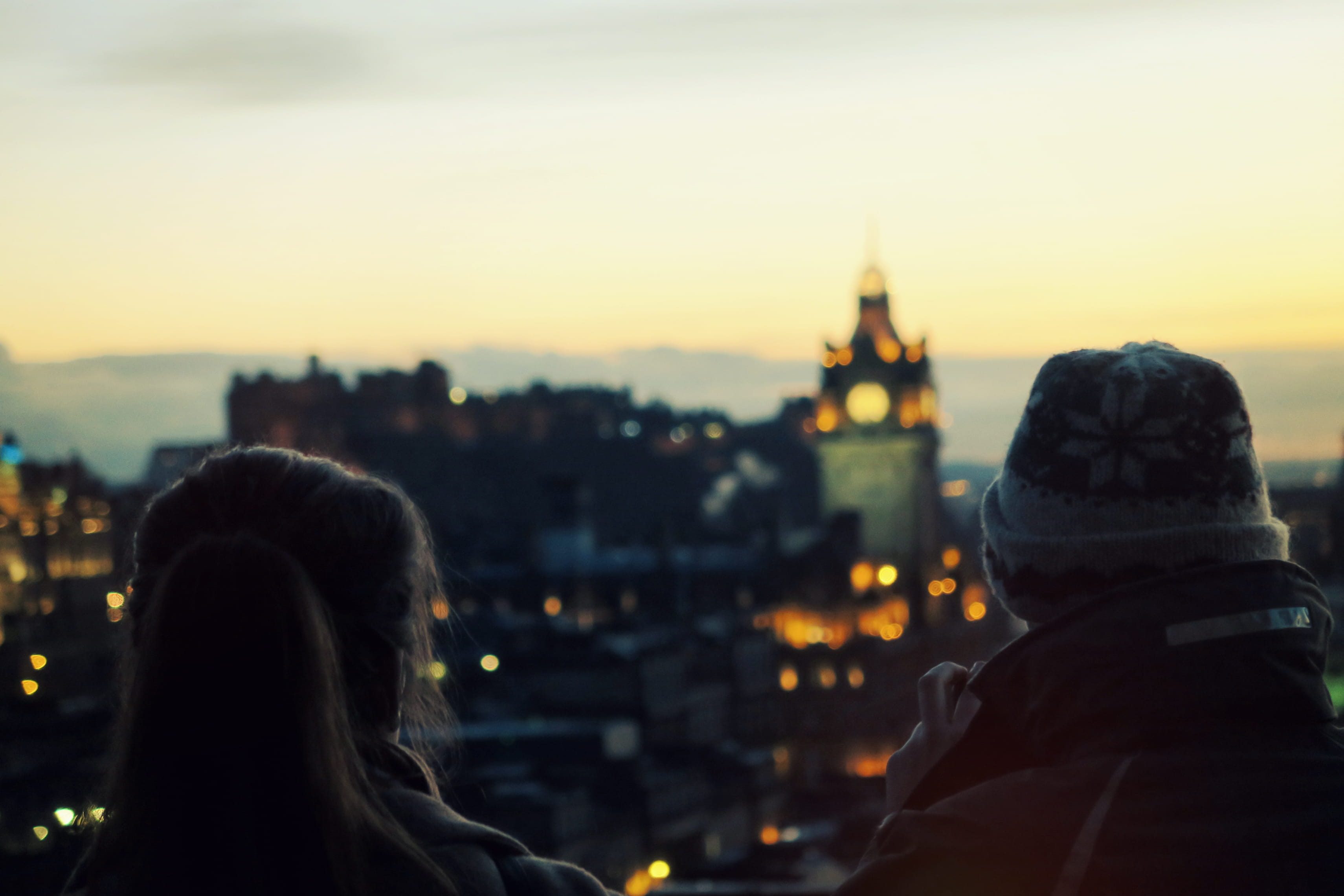 rear view, portrait, cityscape, focus on foreground, scotland, united kingdom, looking at view, adult, outdoors, sky, 2K, real people, calton hill, architecture, HD Wallpaper