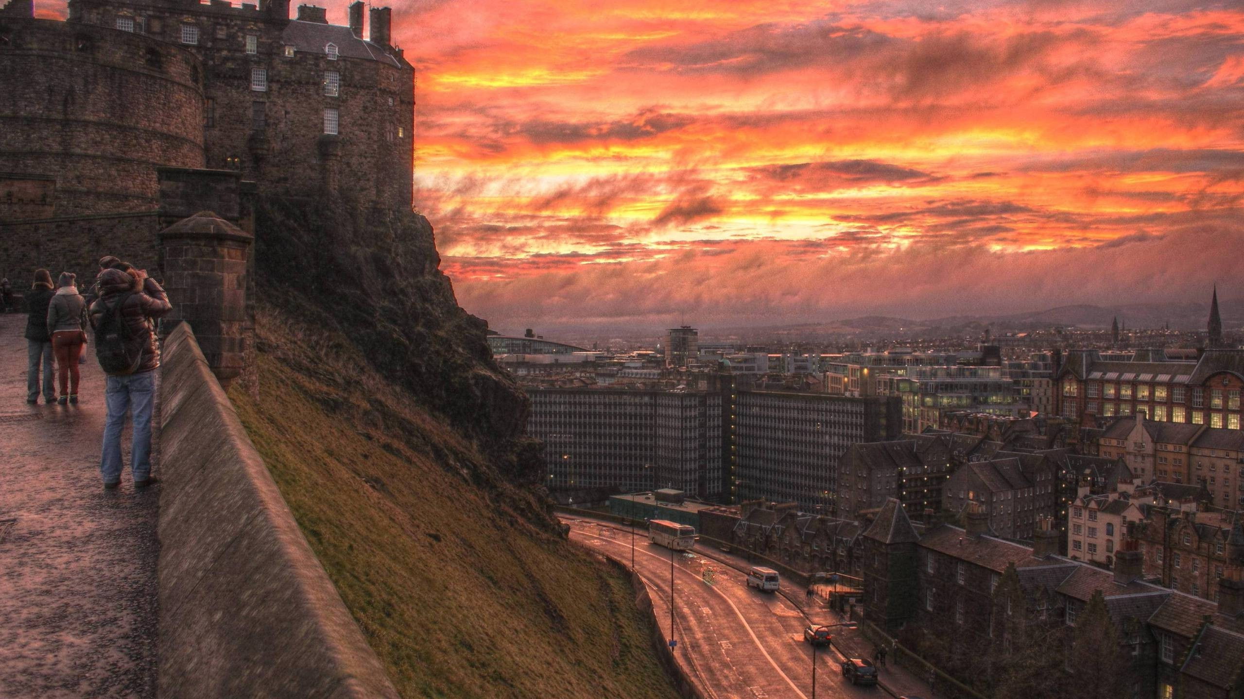 sunset, castle, city, 2K, architecture, UK, sky, hdr, Edinburgh, Scotland, building, HD Wallpaper