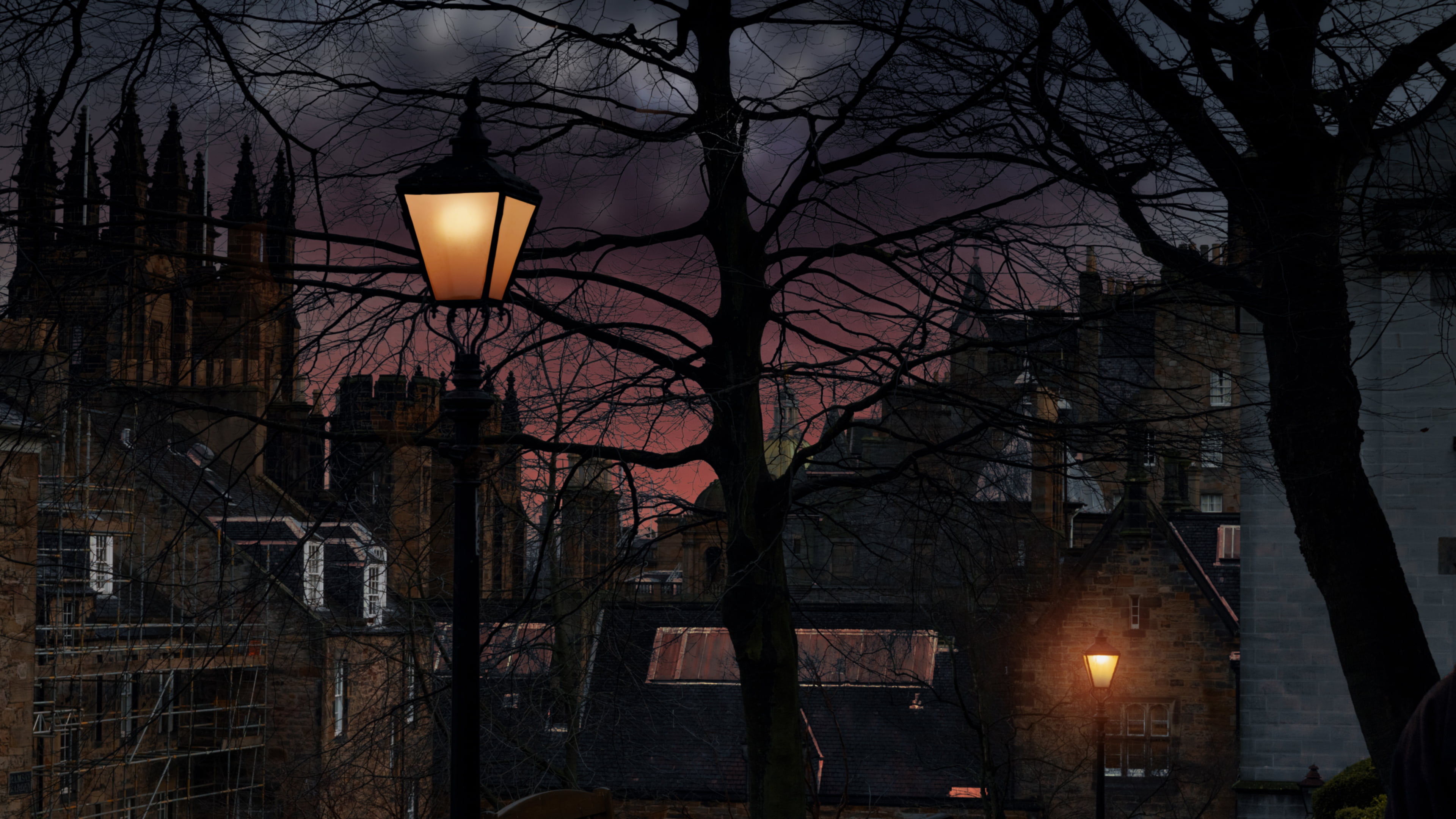 Edinburgh, dusk, Scotland, 4K, castle, lamp, HD Wallpaper
