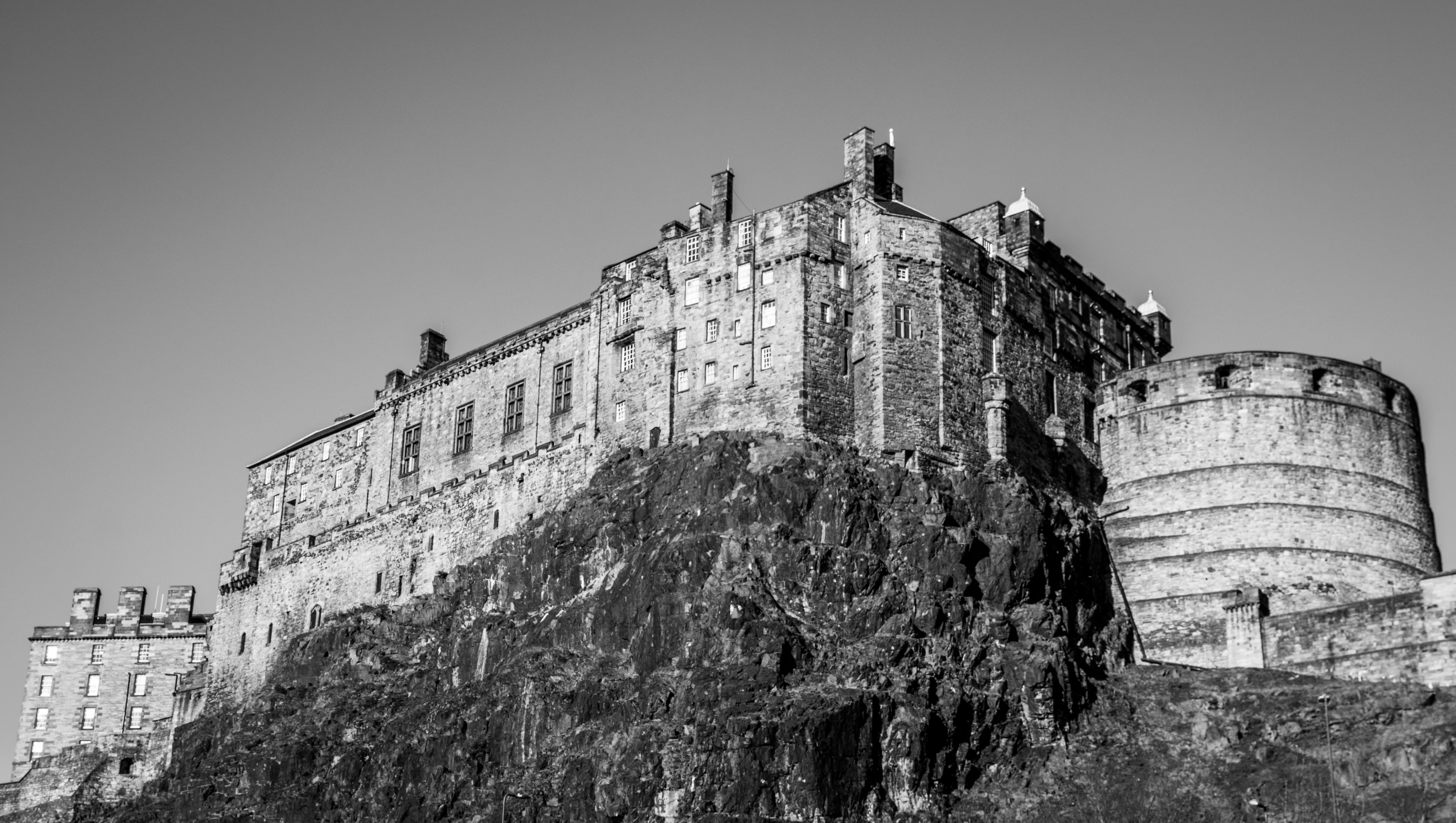black and white photography, no people, building, haymarket, castle, copy space, rock, edinburgh, day, history, edinburgh castle, hill, scottish, built structure, HD Wallpaper