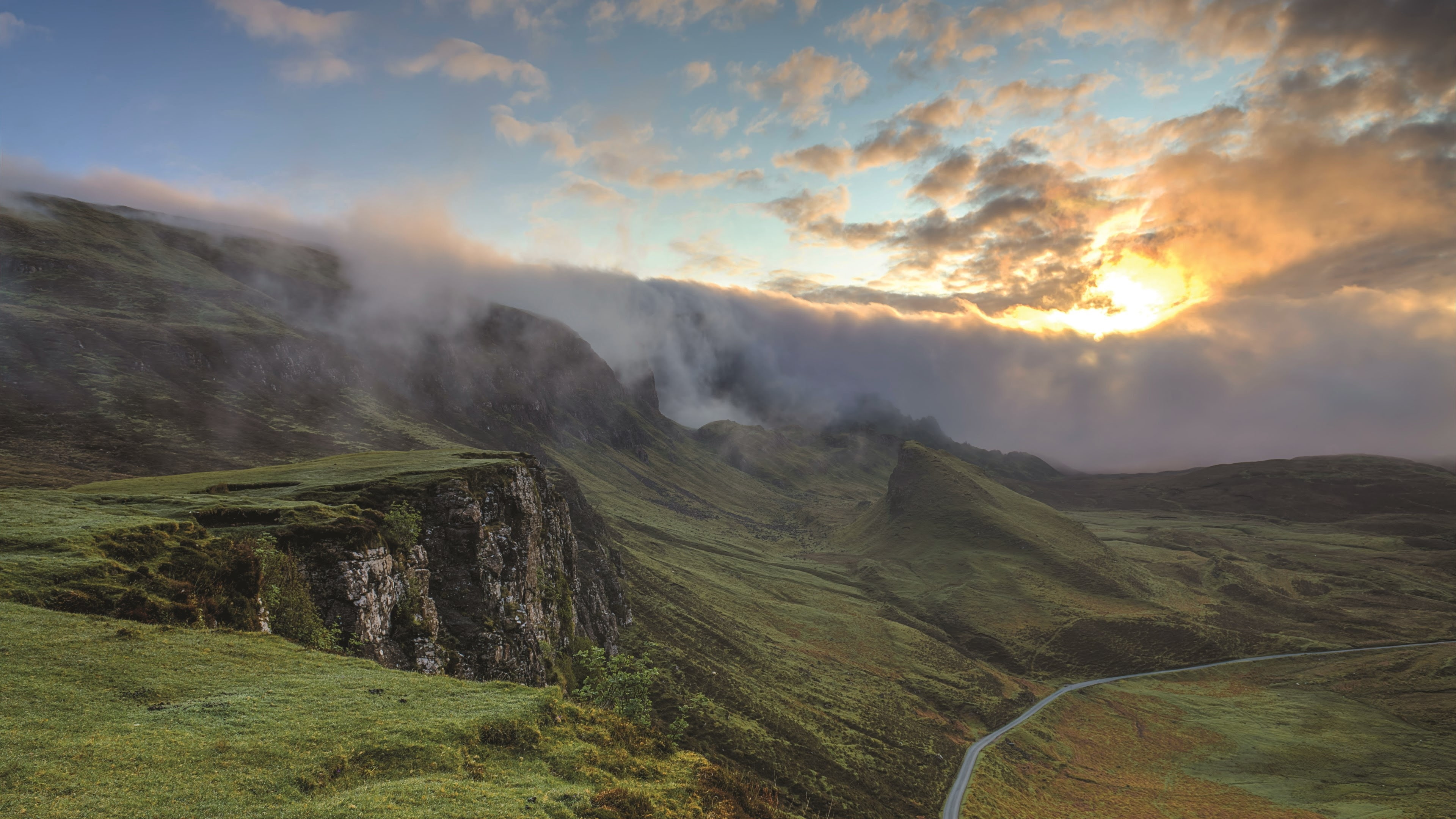 environment, outdoors, mountain, scotland, sunset, rolling landscape, road, non-urban scene, 4K, sky, grass, land, beauty in nature, cloud - sky, sunlight, HD Wallpaper