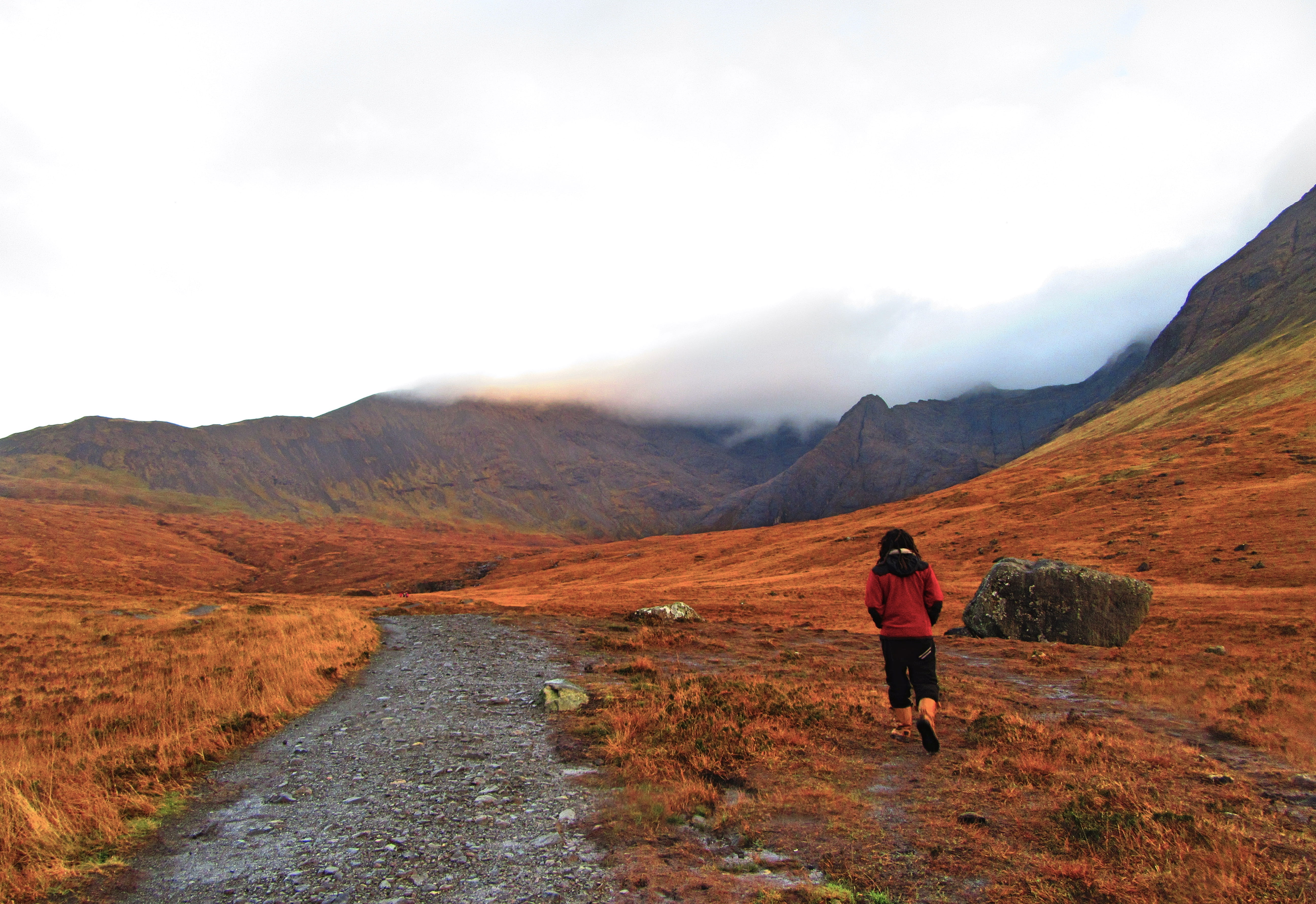 full length, path, non-urban scene, 5K, scenics - nature, adult, outdoors, environment, landscape, walk, mountain range, glenbrittle, one person, the fairy pools, HD Wallpaper