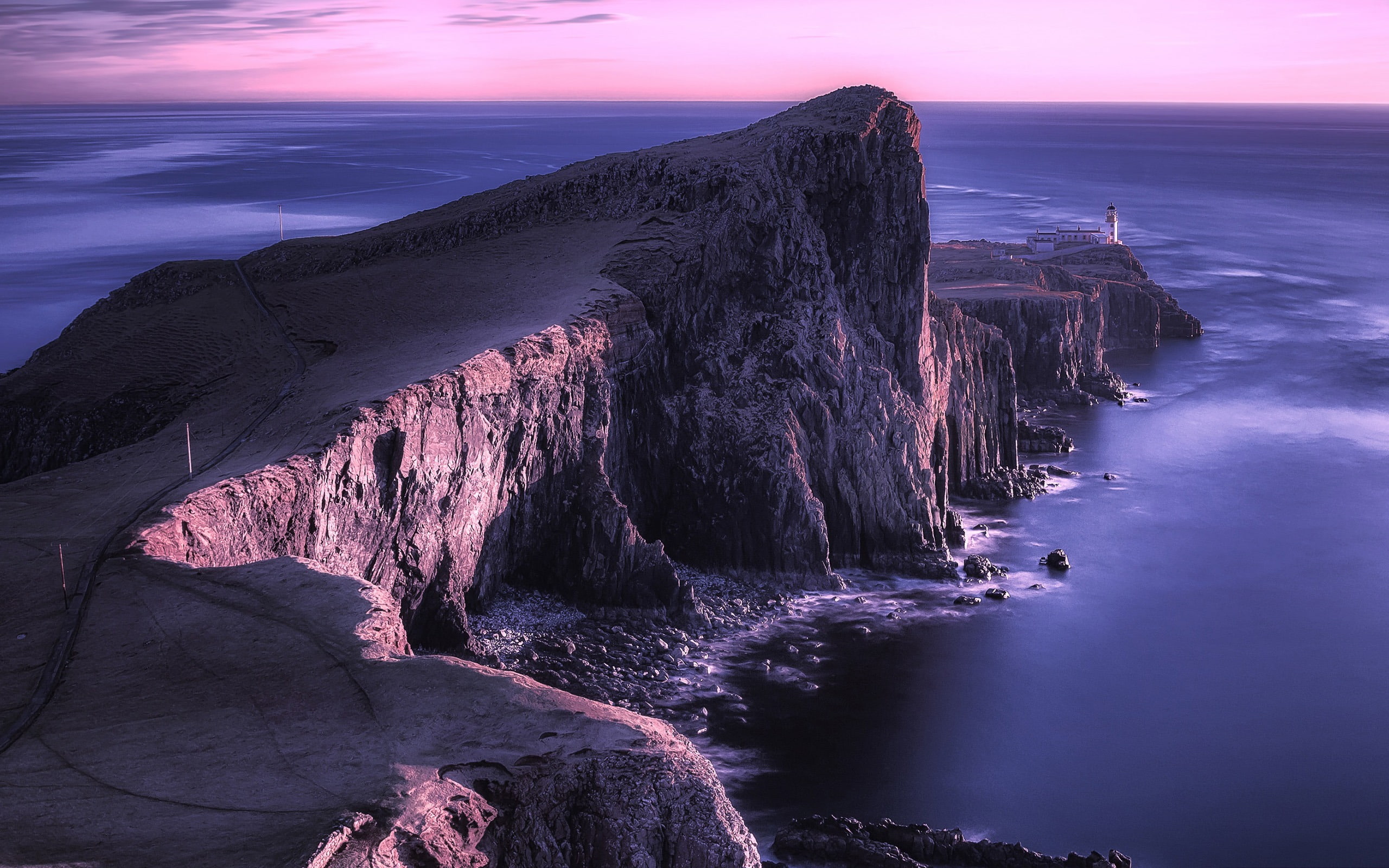 land, sunset, rock, long exposure, sea, neist, outdoors, tranquil scene, nature, environment, 2K, purple, natur, point, water, rock - object, no people, HD Wallpaper