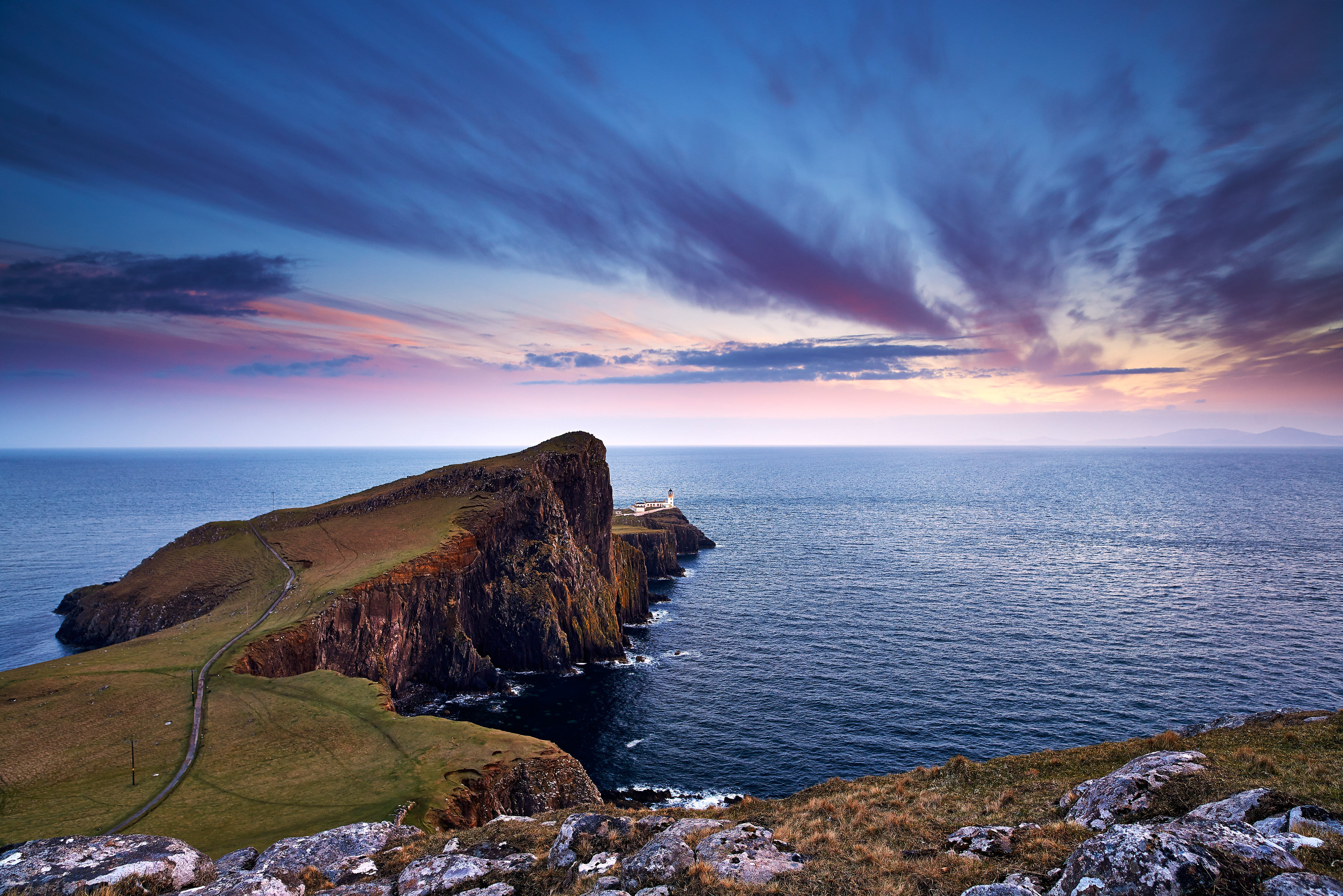 stones, sea, Neist Point, rocky coastline, lighthouse, clouds, coastline, land, horizon over water, the sky, water, sunset, Cape, horizon, tranquility, HD Wallpaper