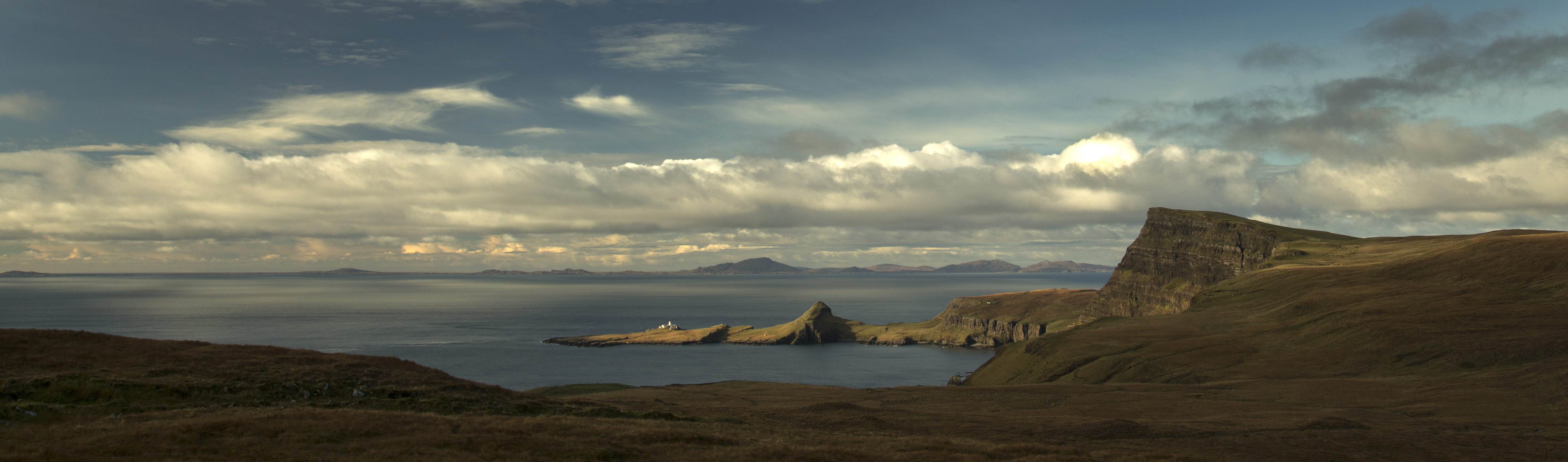 scenics - nature, cloud - sky, rock, 5K, travel destinations, lighthouse, neist point lighthouse, beauty in nature, water, outdoors, environment, sea, HD Wallpaper