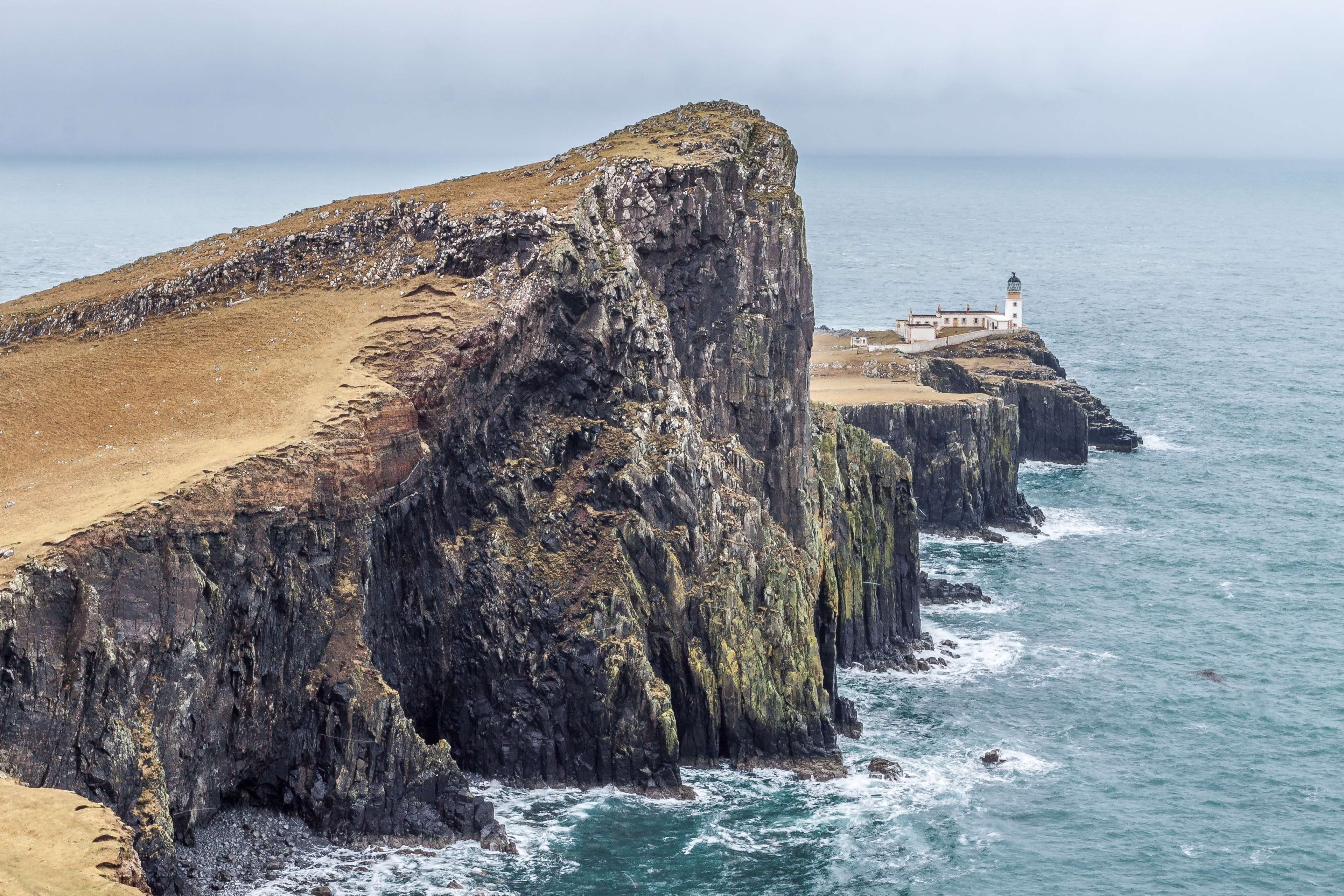 neist point, outdoors, coast, landscape, beauty in nature, cliff, sea, daylight, lighthouse, rocky, surf, scenics - nature, rock formation, nature, solid, HD Wallpaper