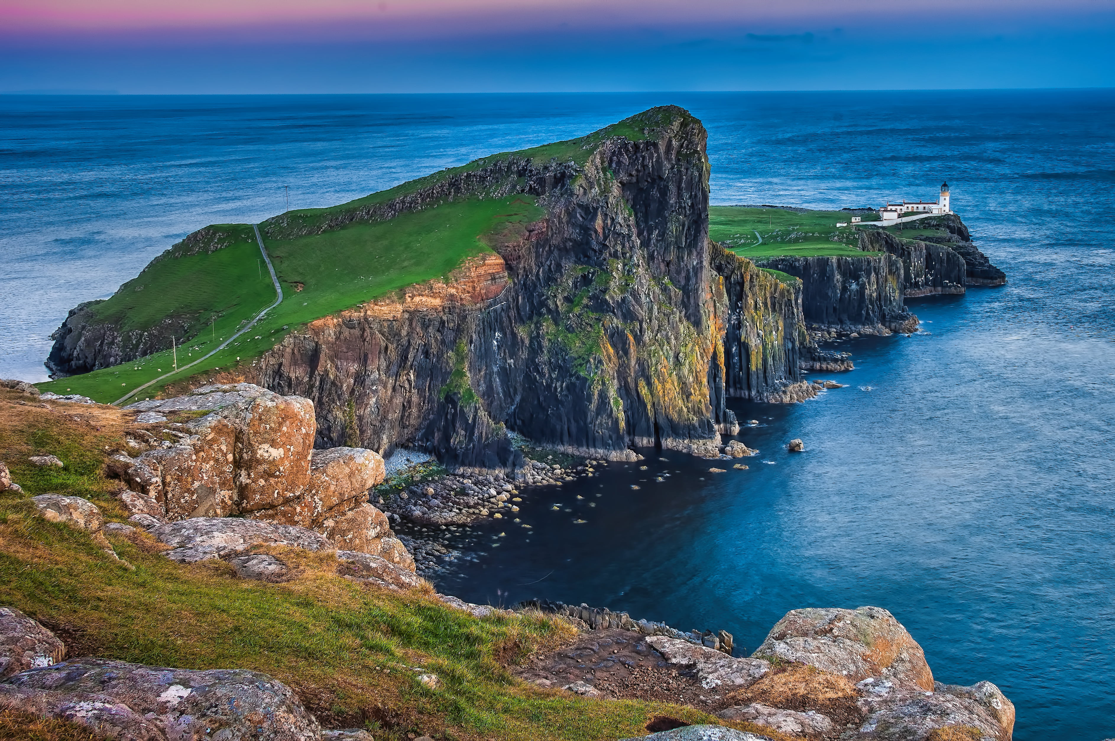 formation, Duirinish, coastline, Neist Point  Lighthouse, water, field, rock formation, rock, nature, body, Sunset, grass, large, 2K, cliff, body of water, HD Wallpaper