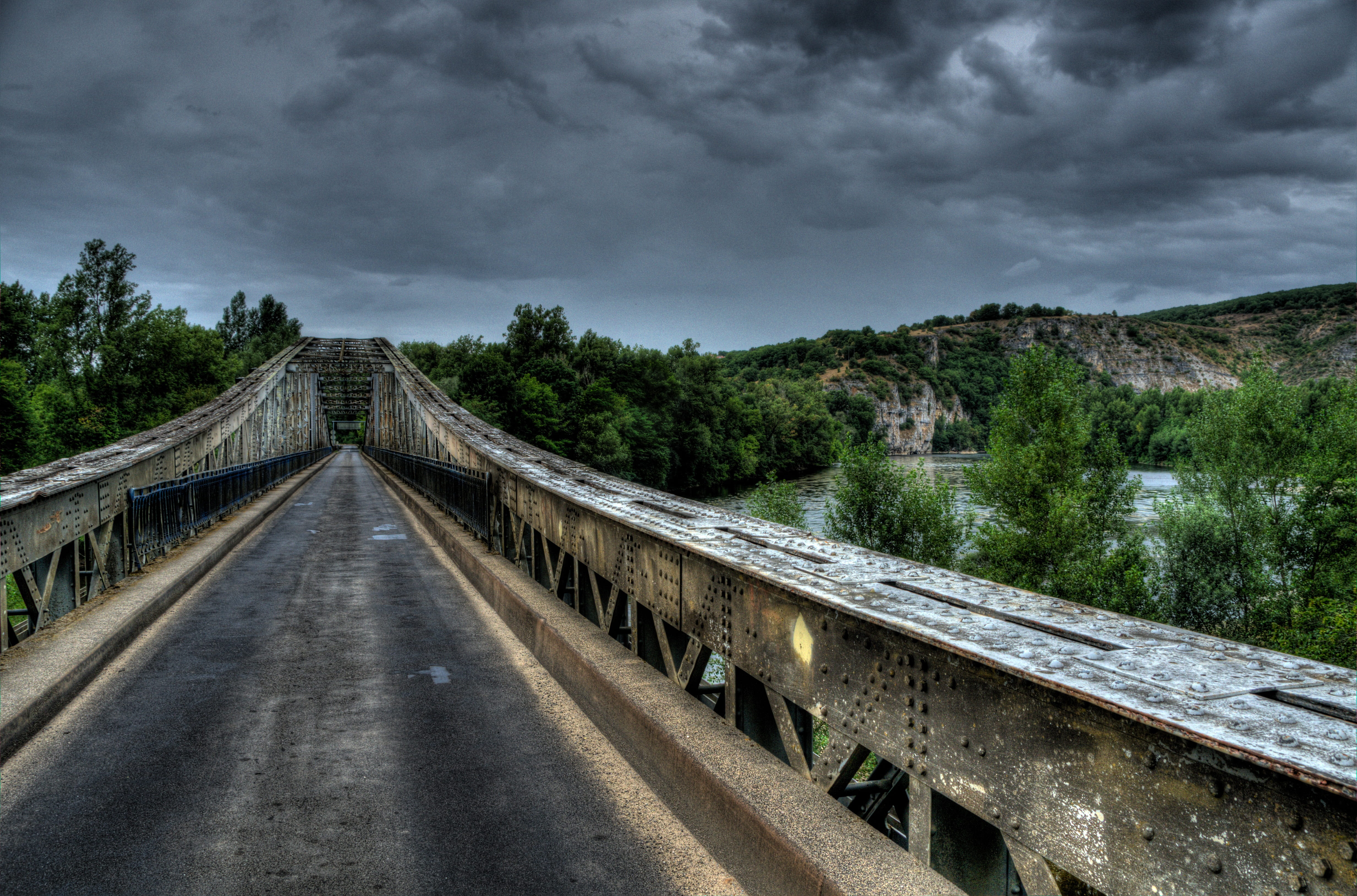 sky, direction, europe, tree, dark, gray, cloud - Sky, the way forward, old, hdr, france, spooky, built structure, clouds, river, scenic, transportation, HD Wallpaper