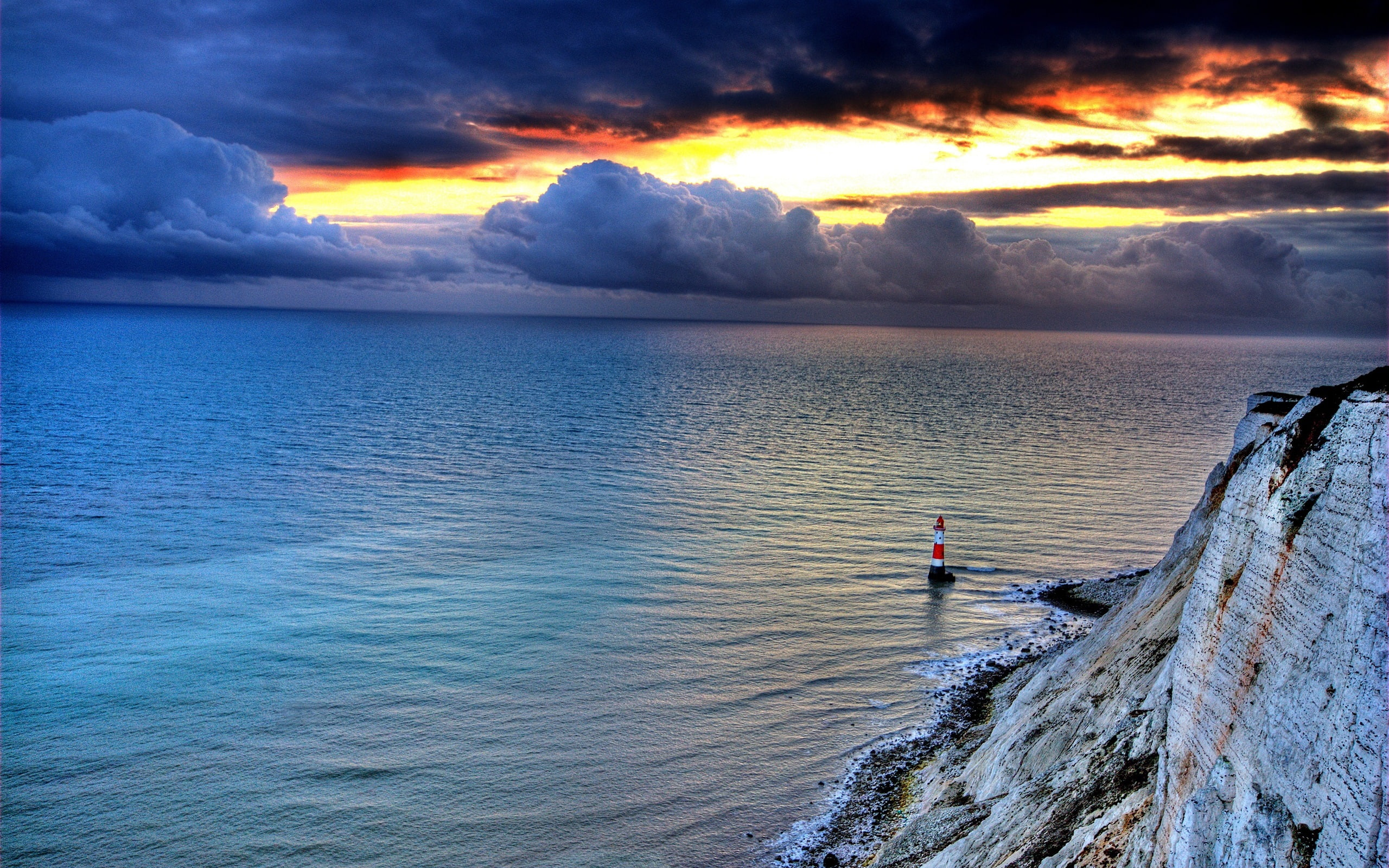 Dusk, Sea, Lighthouse, Sky, Sunset, 2K, Rock, Clouds, HD Wallpaper
