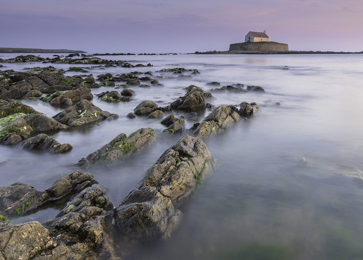 painted, pastel  pink, landscape, Clear  day, sunset, brown, sea, 480P, yr, top, St, nature, white, Cwyfan, coastline, church, painted house, lighthouse, HD Wallpaper