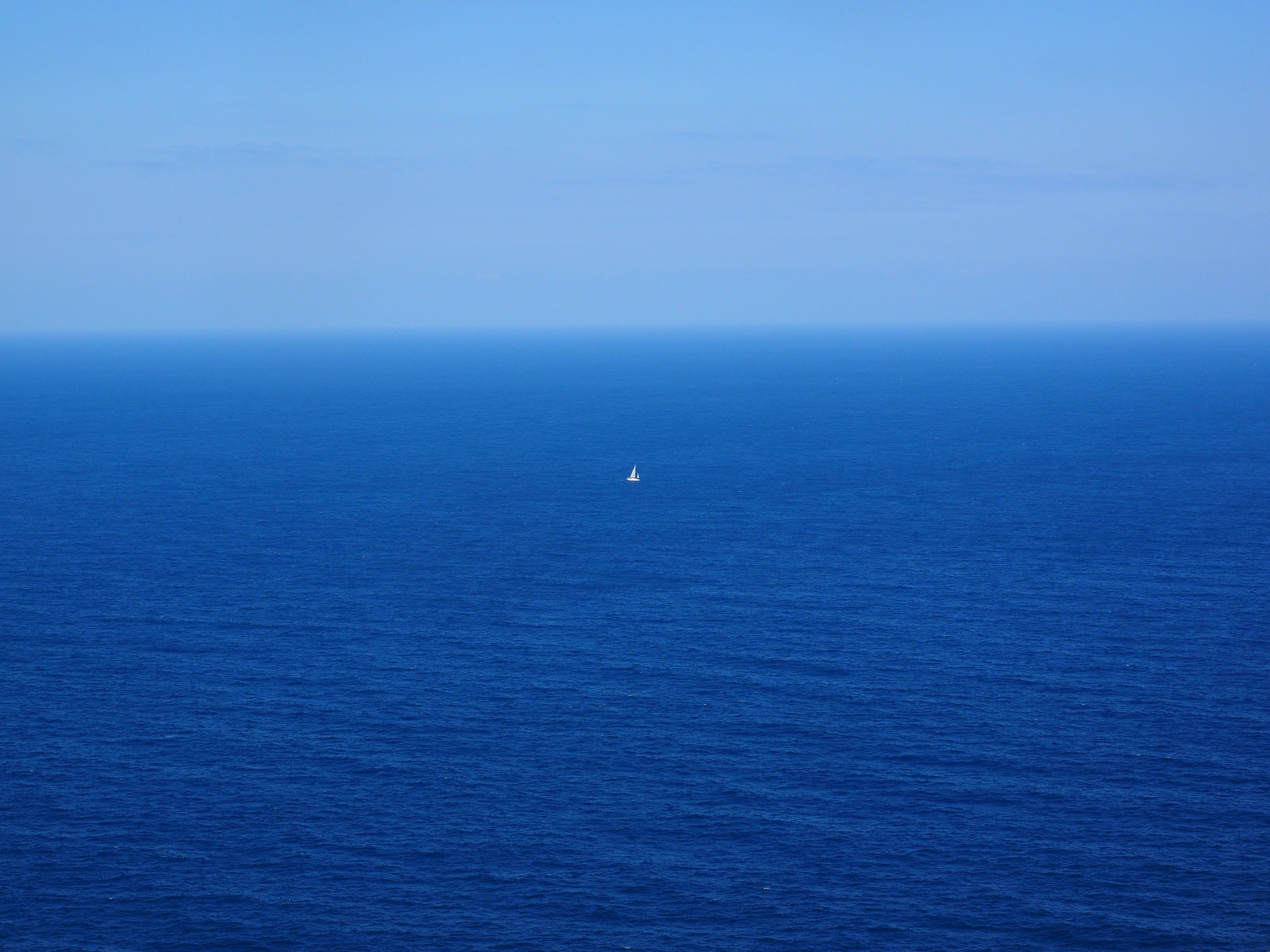 tranquil scene, idyllic, no people, sea, waterfront, middle, tranquility, lost, alone, white, sky, wide, 4K, ocean, day, boat, nature, horizon over water, HD Wallpaper